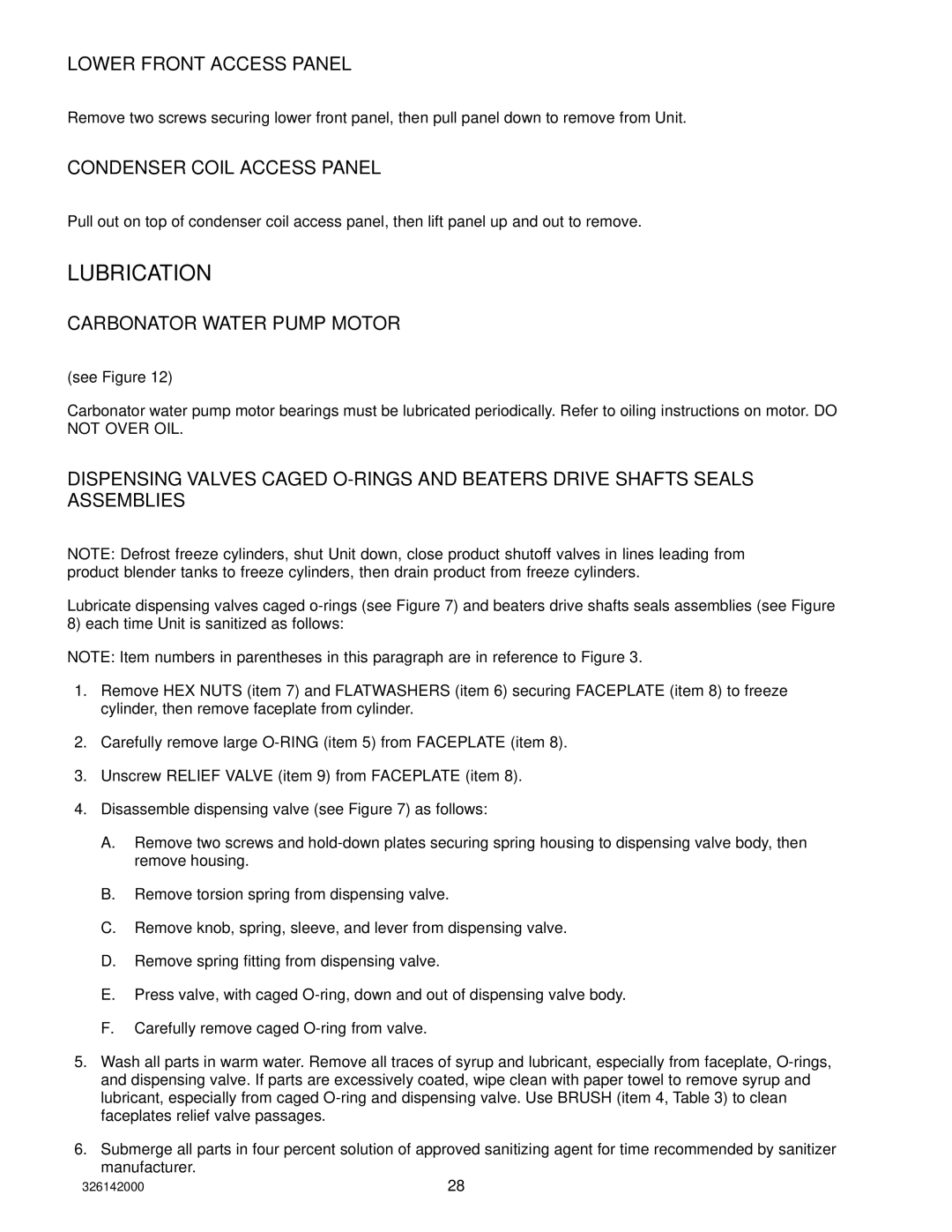 Cornelius 326142000 service manual Lower Front Access Panel, Condenser Coil Access Panel, Carbonator Water Pump Motor 