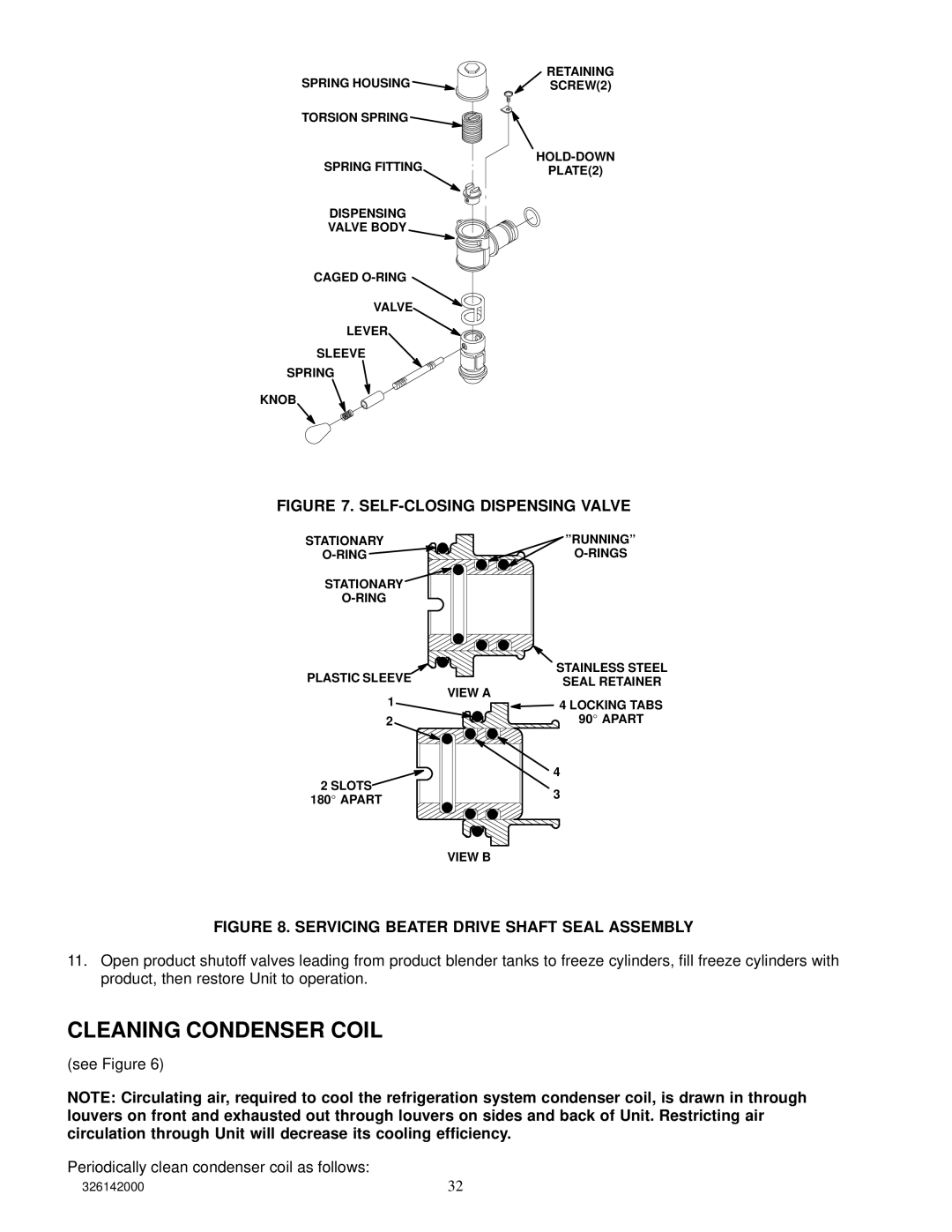 Cornelius 326142000 service manual Cleaning Condenser Coil, SELF-CLOSING Dispensing Valve 