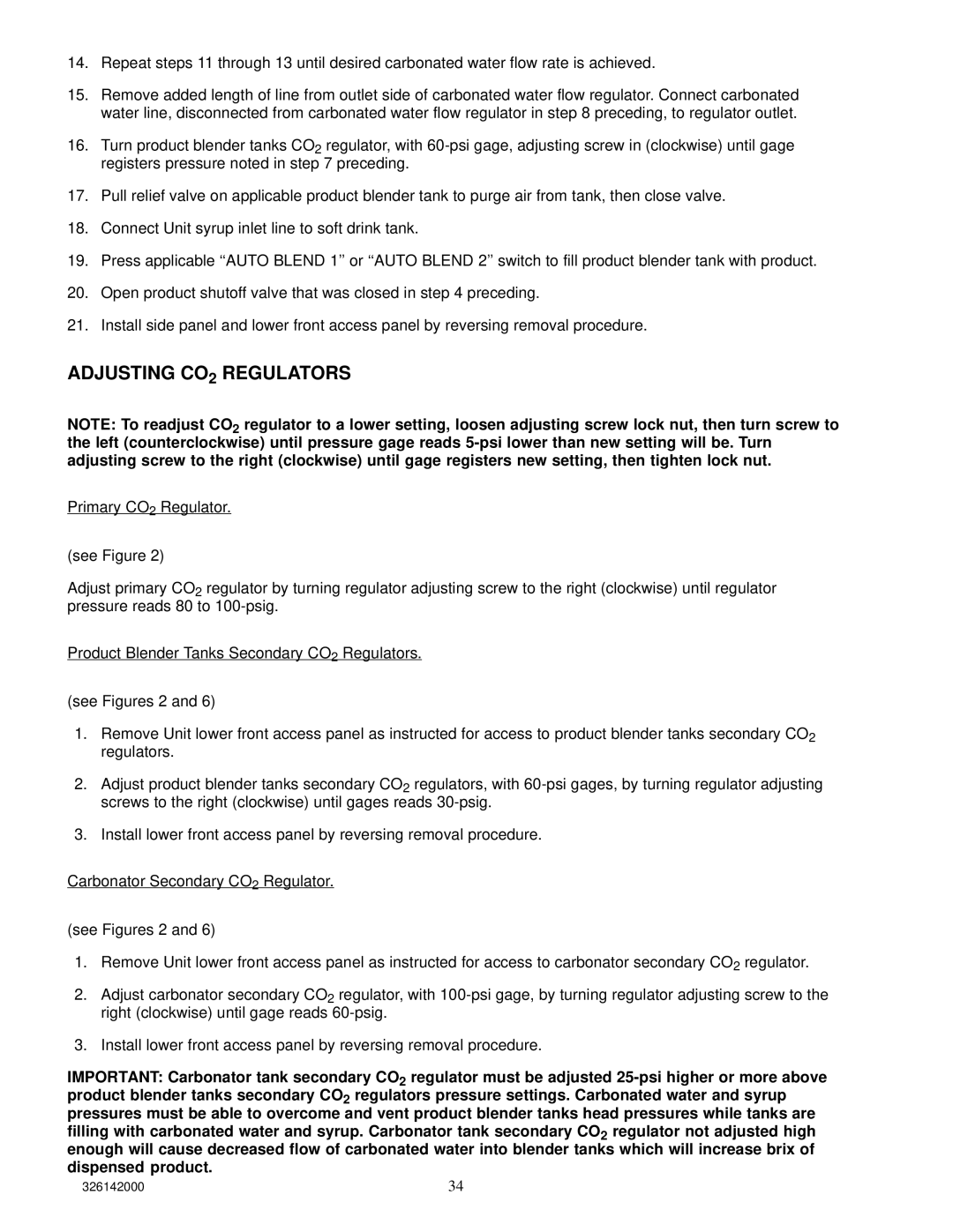 Cornelius 326142000 service manual Adjusting CO2 Regulators 