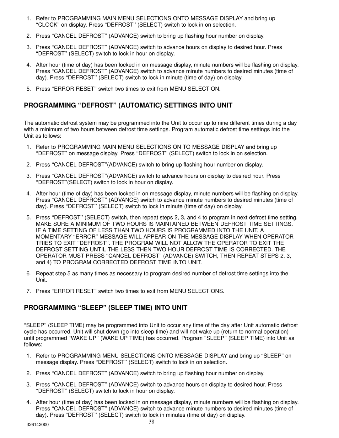 Cornelius 326142000 service manual Programming ‘‘DEFROST’’ Automatic Settings Into Unit 