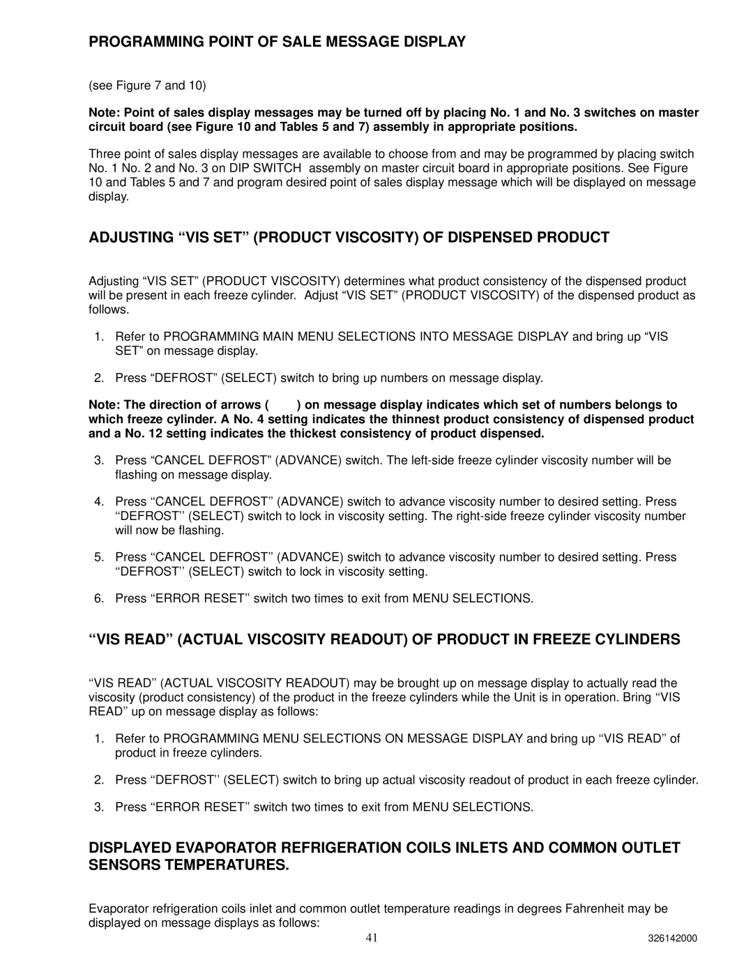 Cornelius 326142000 Programming Point of Sale Message Display, Adjusting VIS SET Product Viscosity of Dispensed Product 