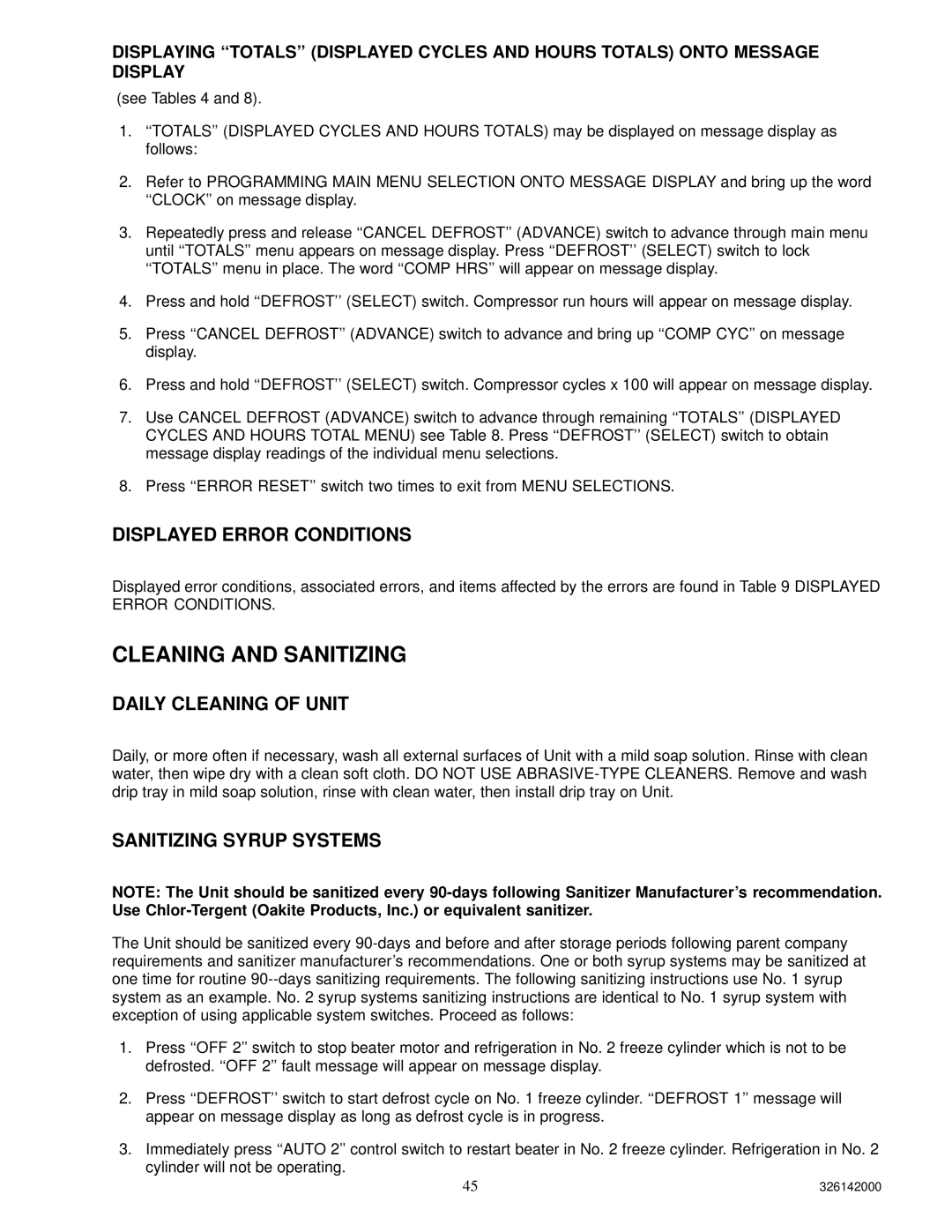 Cornelius 326142000 service manual Daily Cleaning of Unit, Sanitizing Syrup Systems 