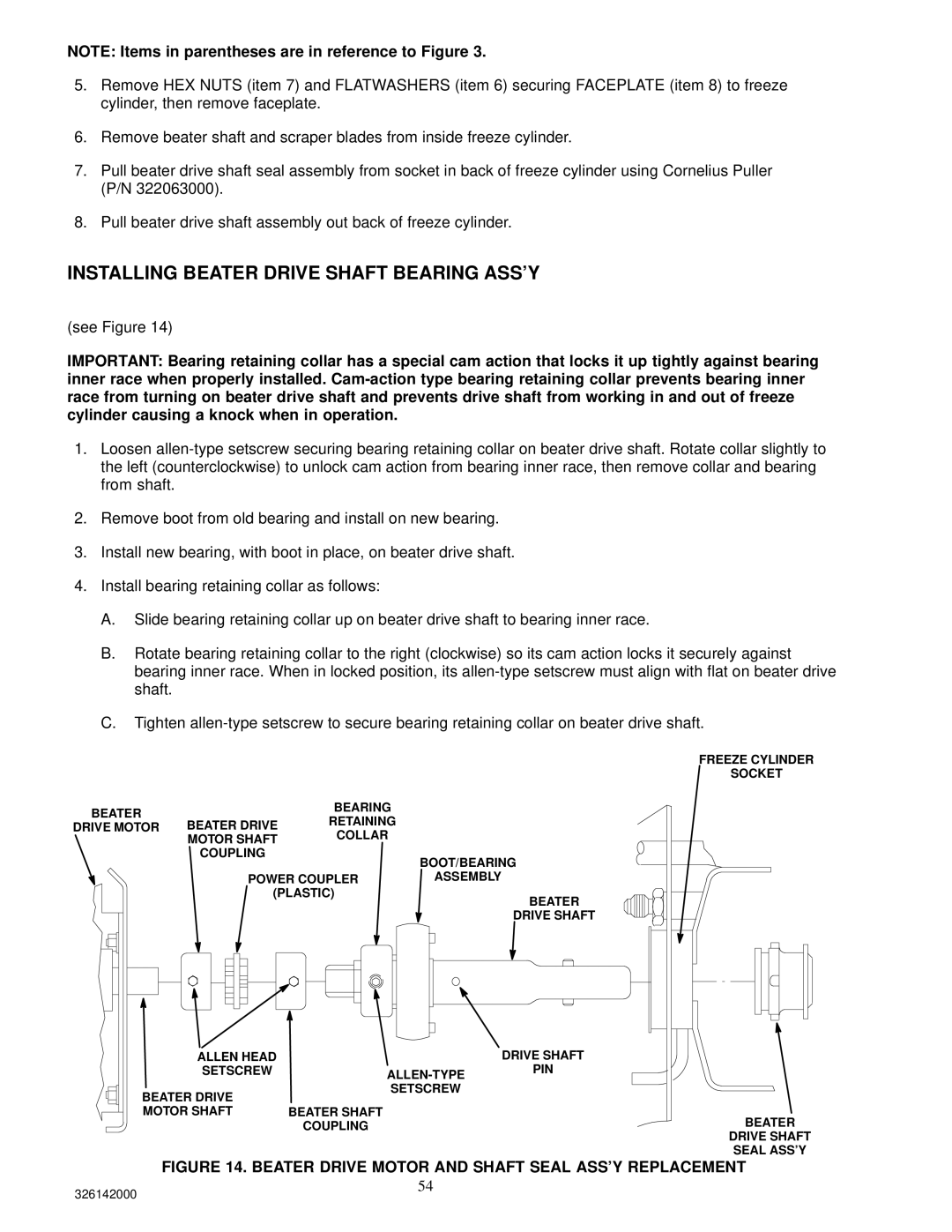 Cornelius 326142000 Installing Beater Drive Shaft Bearing ASS’Y, Beater Drive Motor and Shaft Seal ASS’Y Replacement 