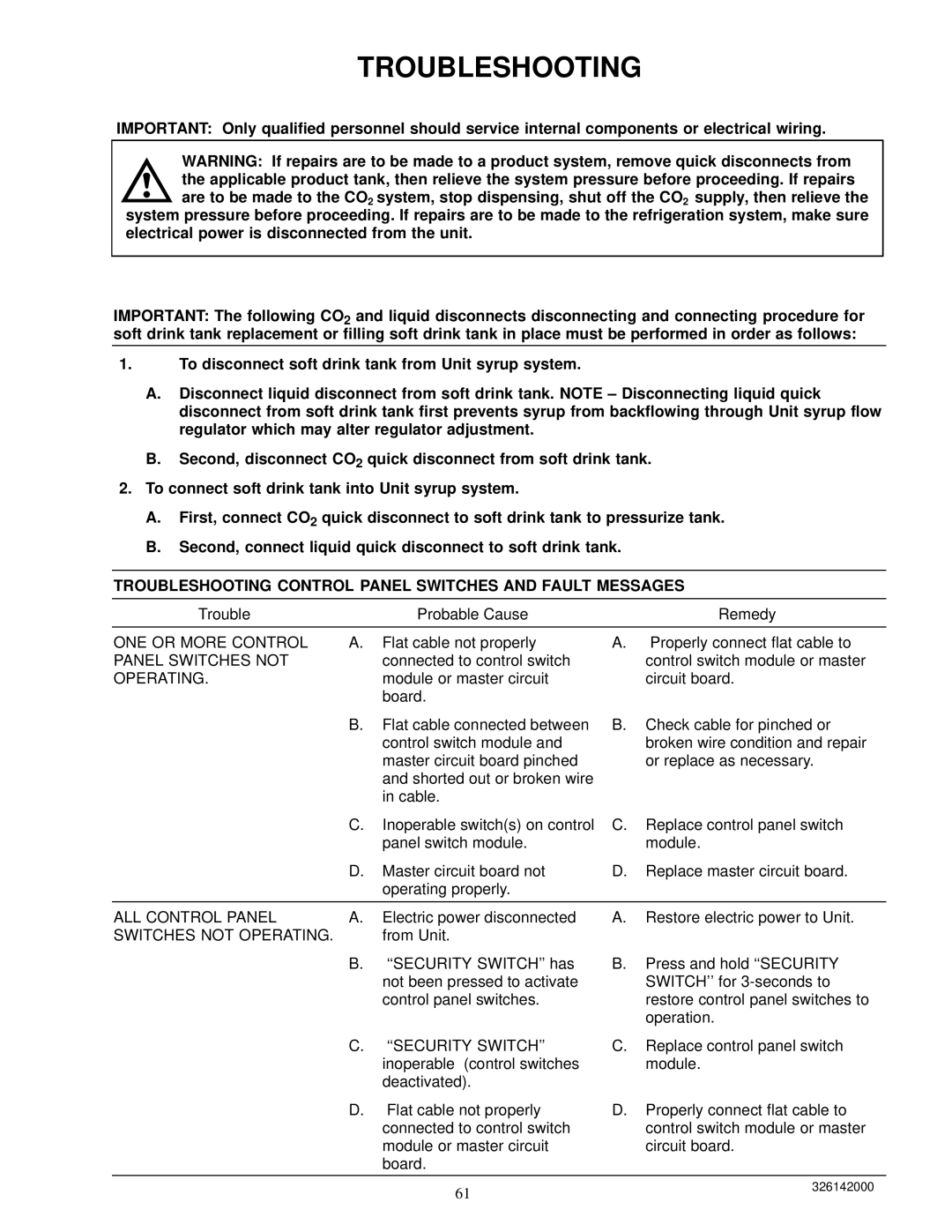 Cornelius 326142000 service manual Troubleshooting Control Panel Switches and Fault Messages 