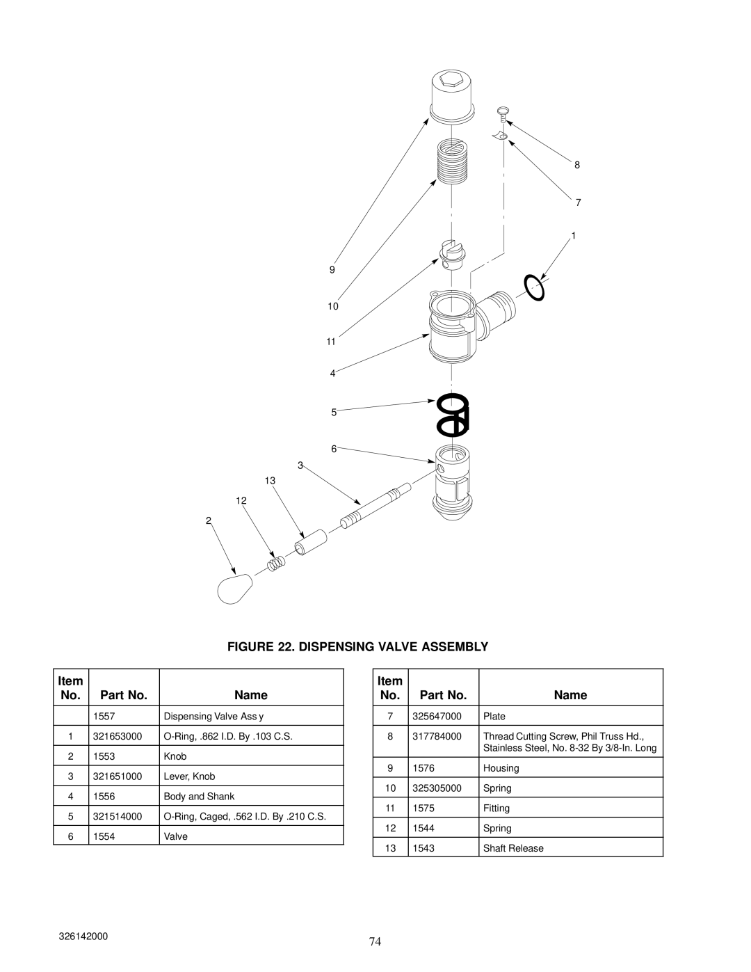 Cornelius 326142000 service manual Dispensing Valve Assembly 