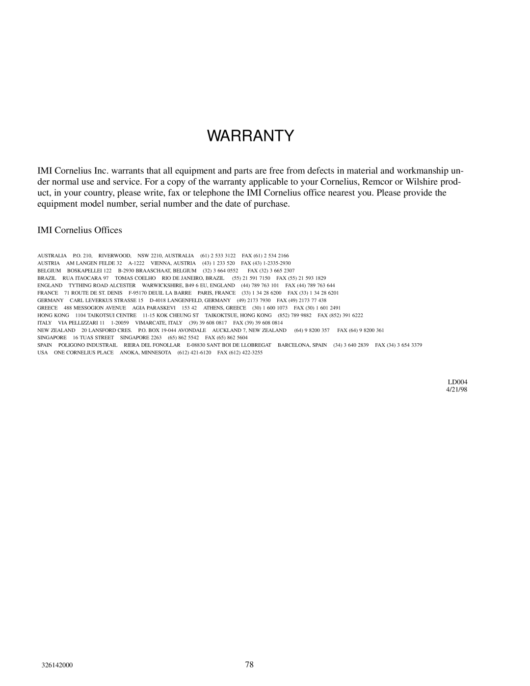 Cornelius 326142000 service manual Warranty 