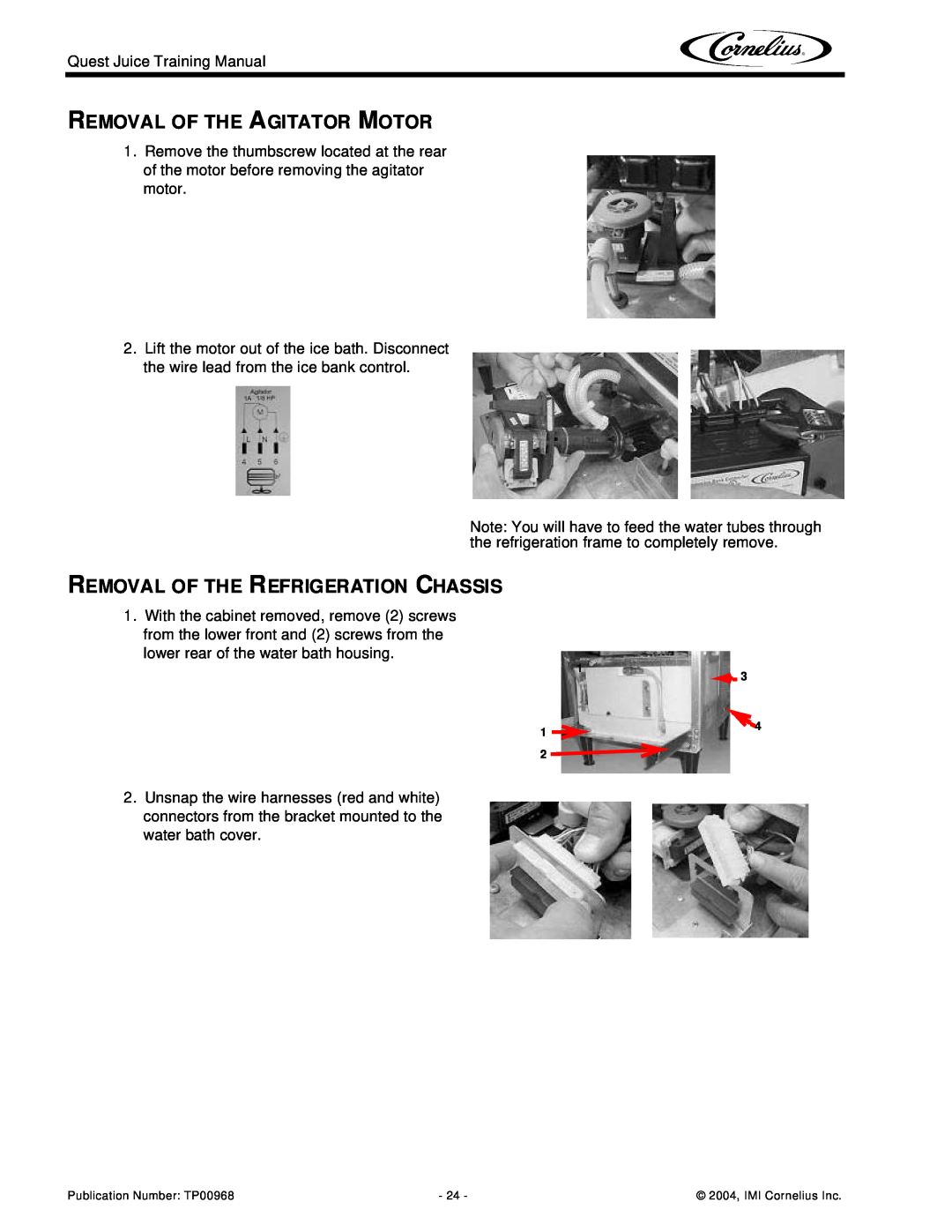 Cornelius 4 Flavor, 2 Flavor manual Removal Of The Agitator Motor, Removal Of The Refrigeration Chassis 