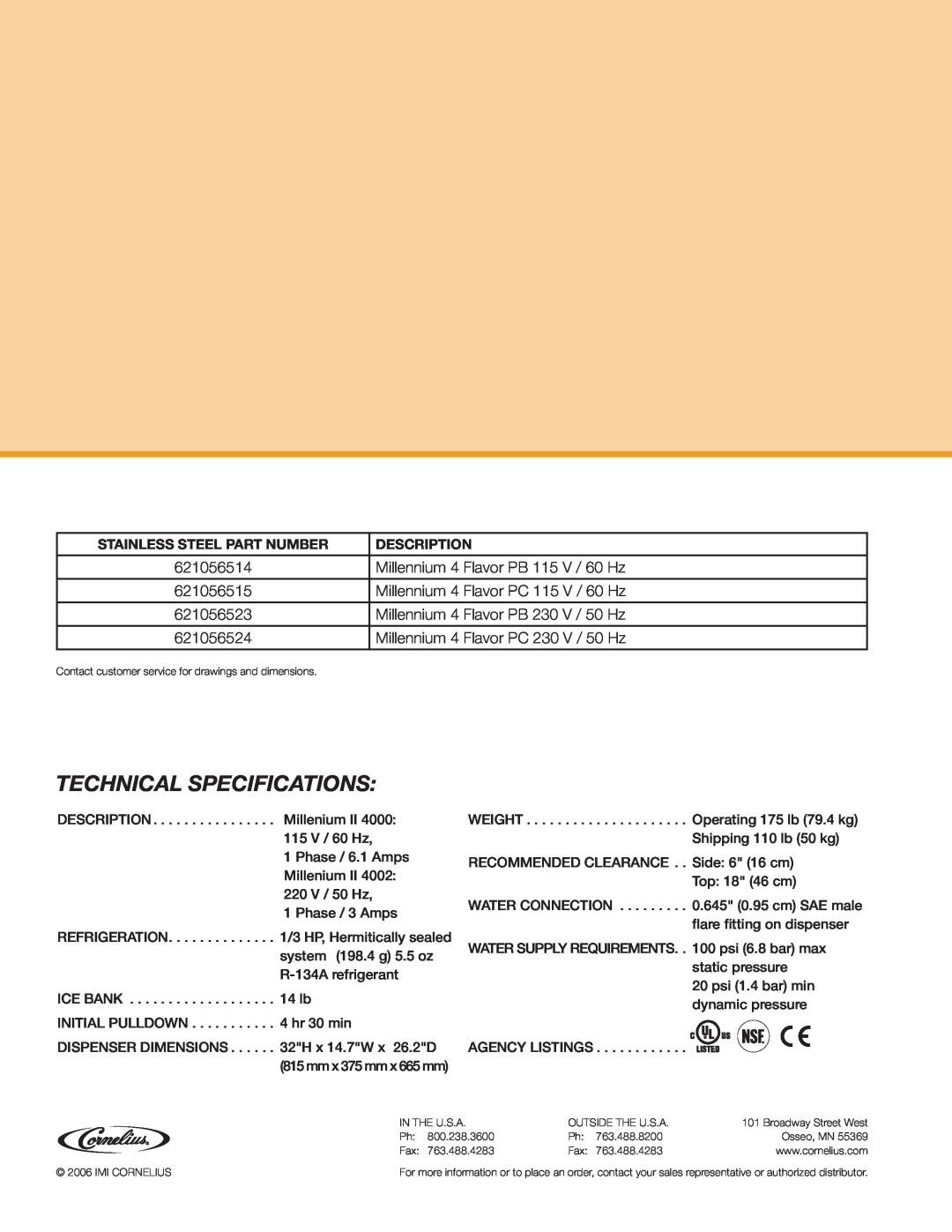 Cornelius 4000 manual Technical Specifications, Stainless Steel Part Number, Description 