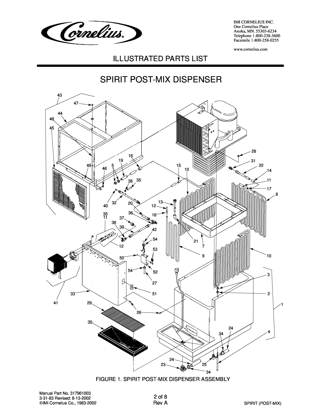 Cornelius 414384-XXX, 414385-XXX manual Spirit Post-Mix Dispenser Assembly, 2 of, Illustrated Parts List, Rev A 
