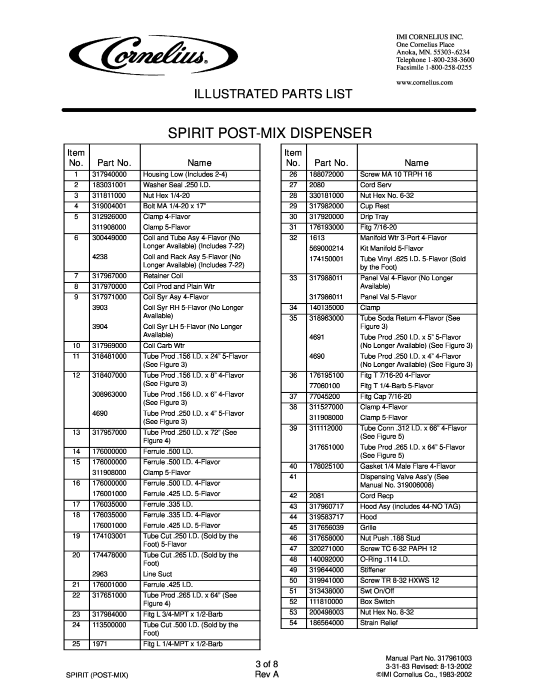 Cornelius 414385-XXX, 414384-XXX manual Name, 3 of, Spirit Post-Mix Dispenser, Illustrated Parts List, Rev A 