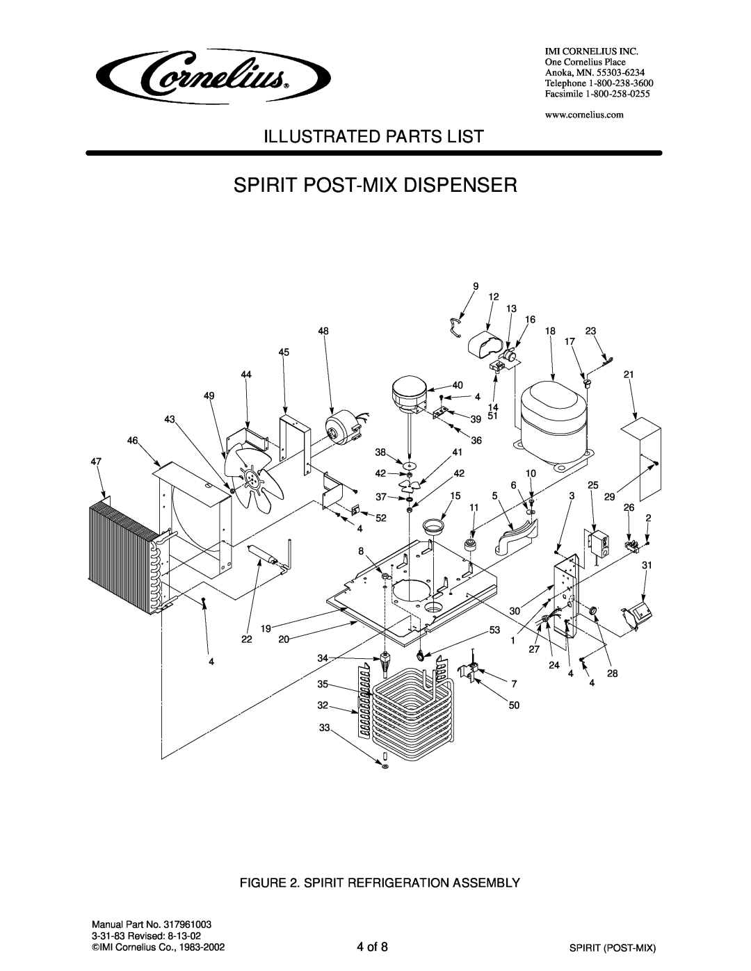 Cornelius 414384-XXX, 414385-XXX Spirit Refrigeration Assembly, 4 of, Spirit Post-Mix Dispenser, Illustrated Parts List 