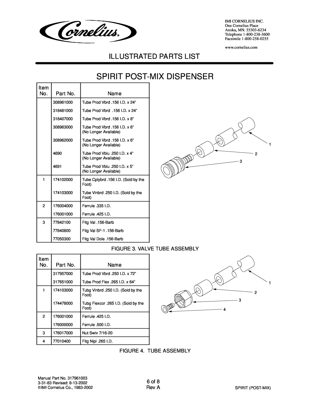 Cornelius 414384-XXX, 414385-XXX Valve Tube Assembly, 6 of, Spirit Post-Mix Dispenser, Illustrated Parts List, Name, Rev A 