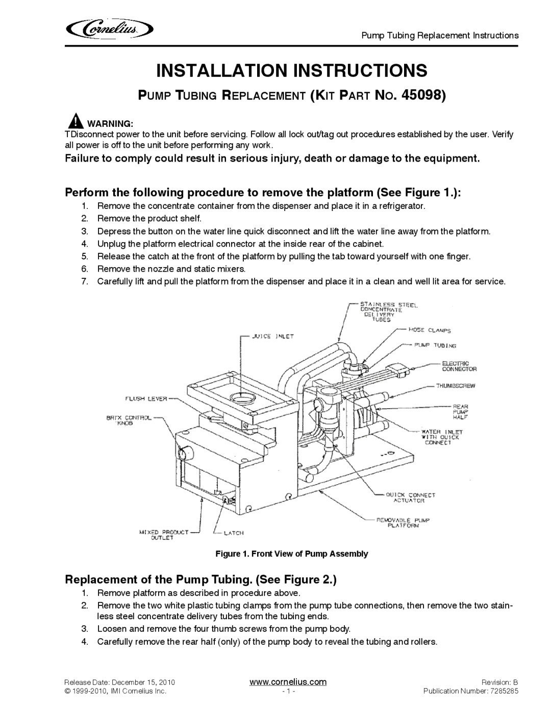 Cornelius 45098 installation instructions Installation Instructions 