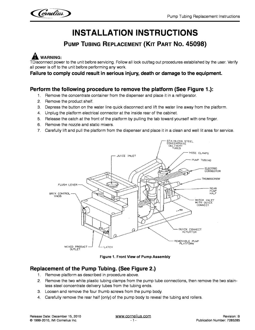 Cornelius 45098 installation instructions Installation Instructions, Replacement of the Pump Tubing. See Figure 