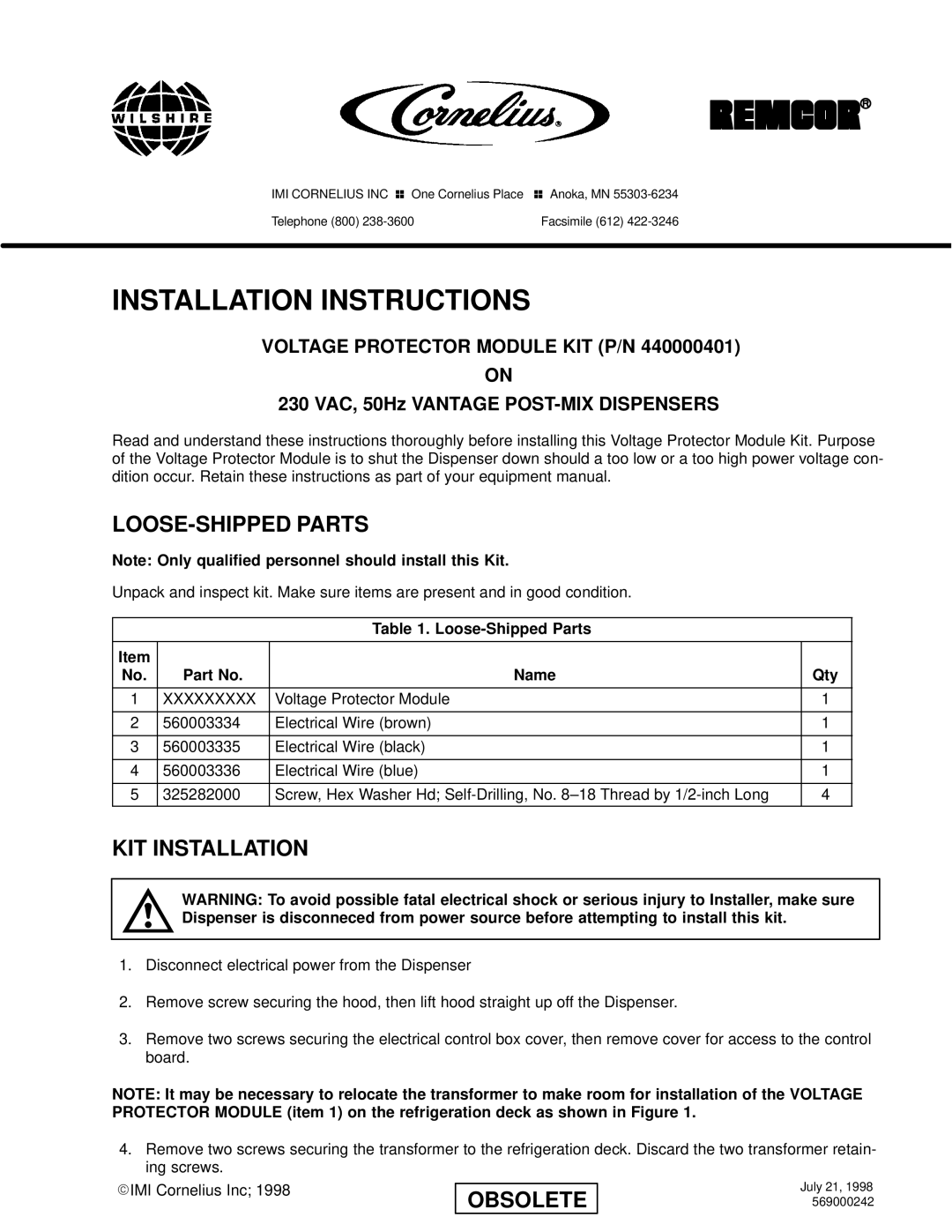 Cornelius 230 VAC, 50Hz installation instructions Installation Instructions 