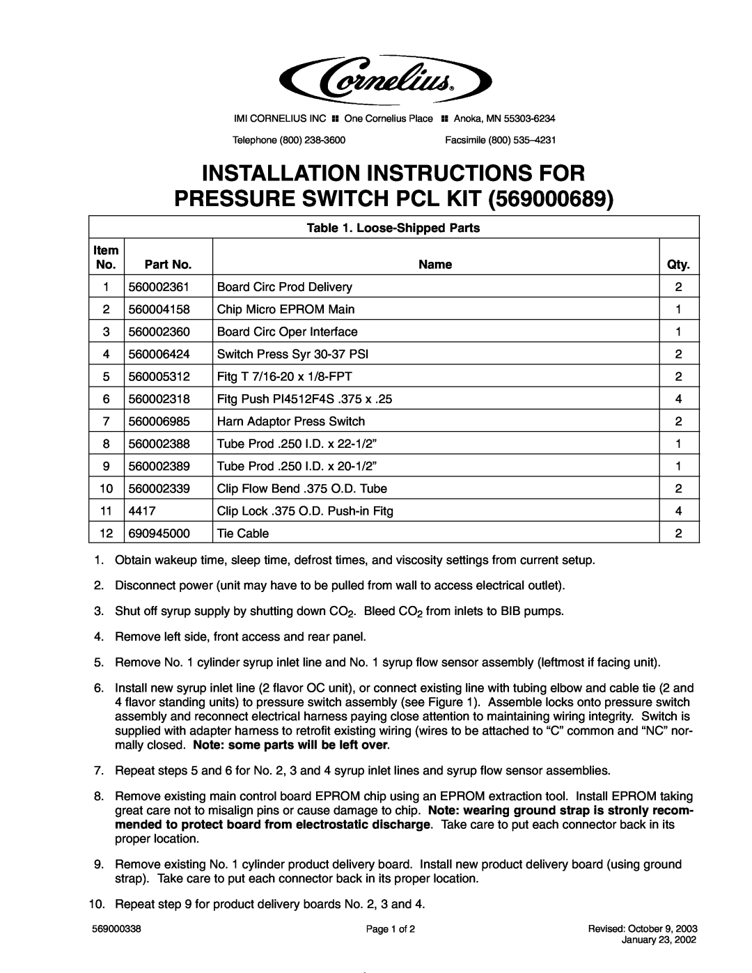 Cornelius 569000689 installation instructions Loose-Shipped Parts, Name, Pressure Switch Pcl Kit 
