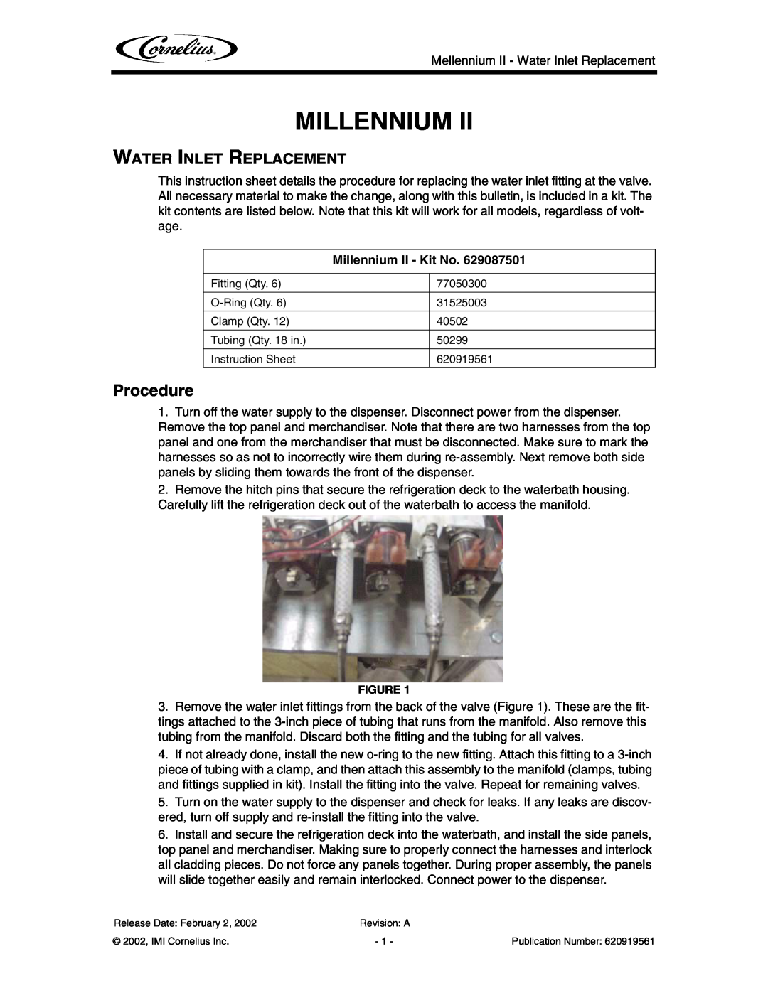 Cornelius 6 Flavor instruction sheet Procedure, Water Inlet Replacement, Millennium II - Kit No 