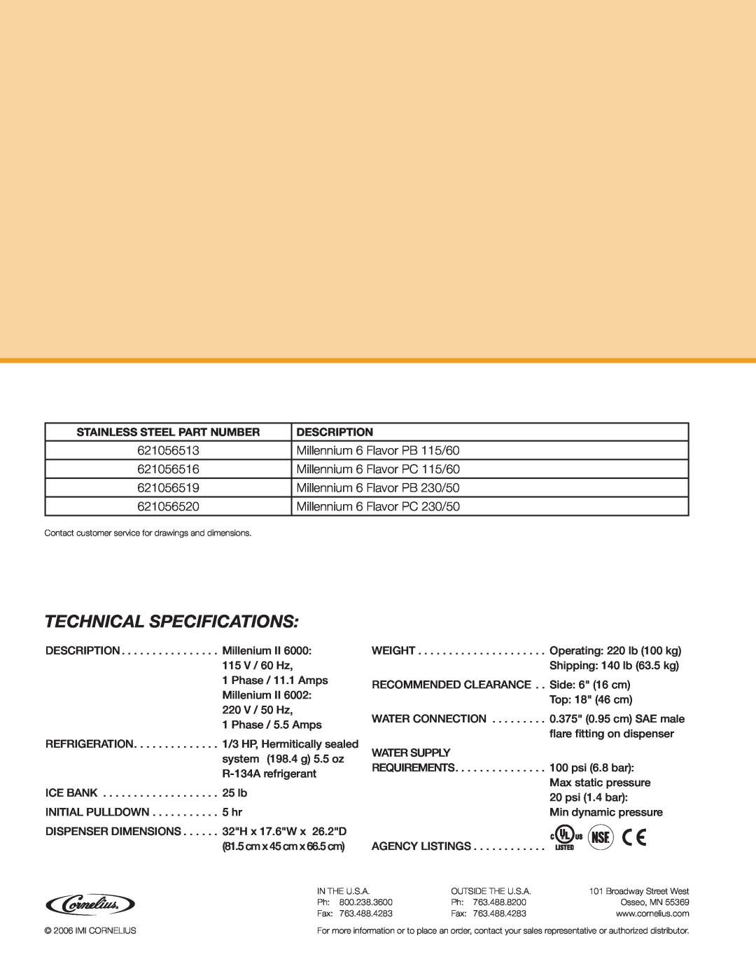 Cornelius 6000 manual Technical Specifications, Stainless Steel Part Number, Description 
