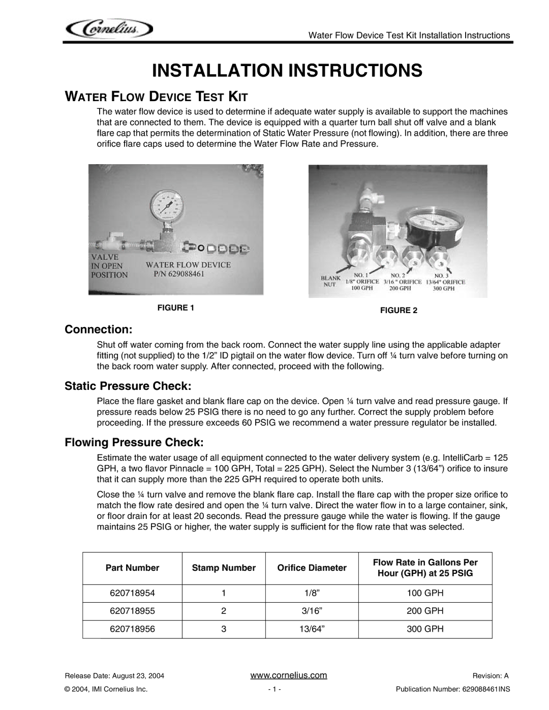 Cornelius 620718955, 620718956 installation instructions Installation Instructions, Connection, Static Pressure Check 