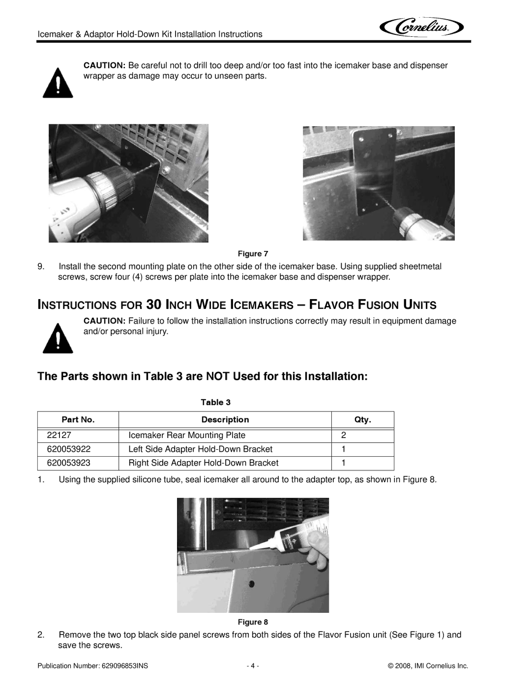 Cornelius 629096853, 620053923, 620053922, 620518916 Instructions for 30 Inch Wide Icemakers Flavor Fusion Units 