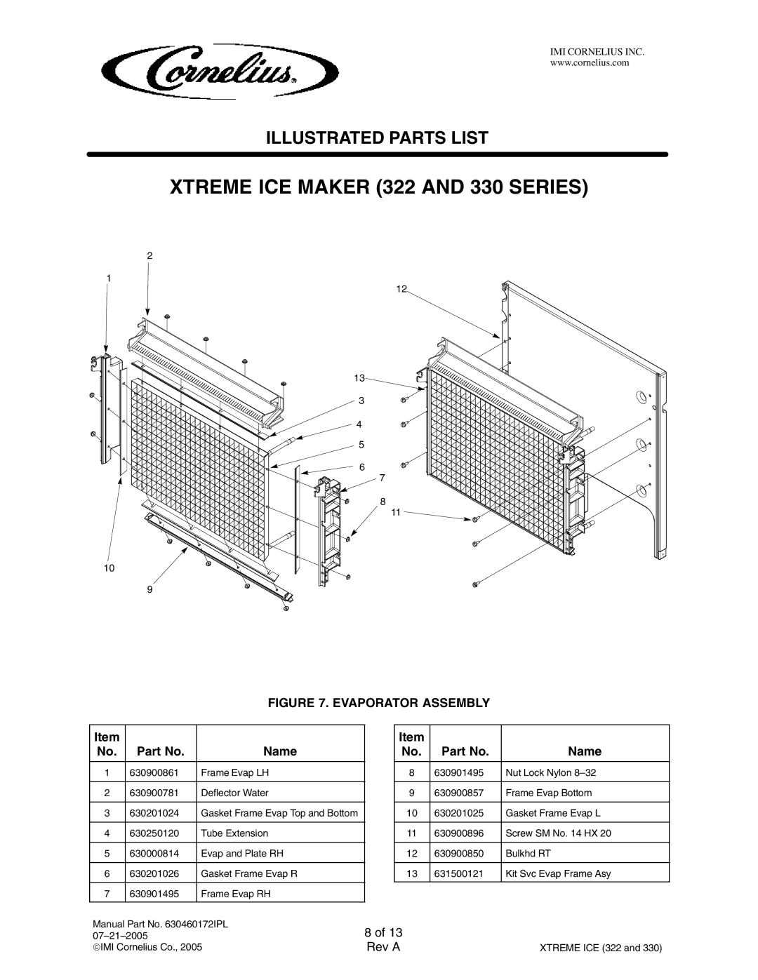 Cornelius 631803001, 631803003, 631803020, 631803021, 631803002, 631803004, 330 Series, 322 Series manual Evaporator Assembly 