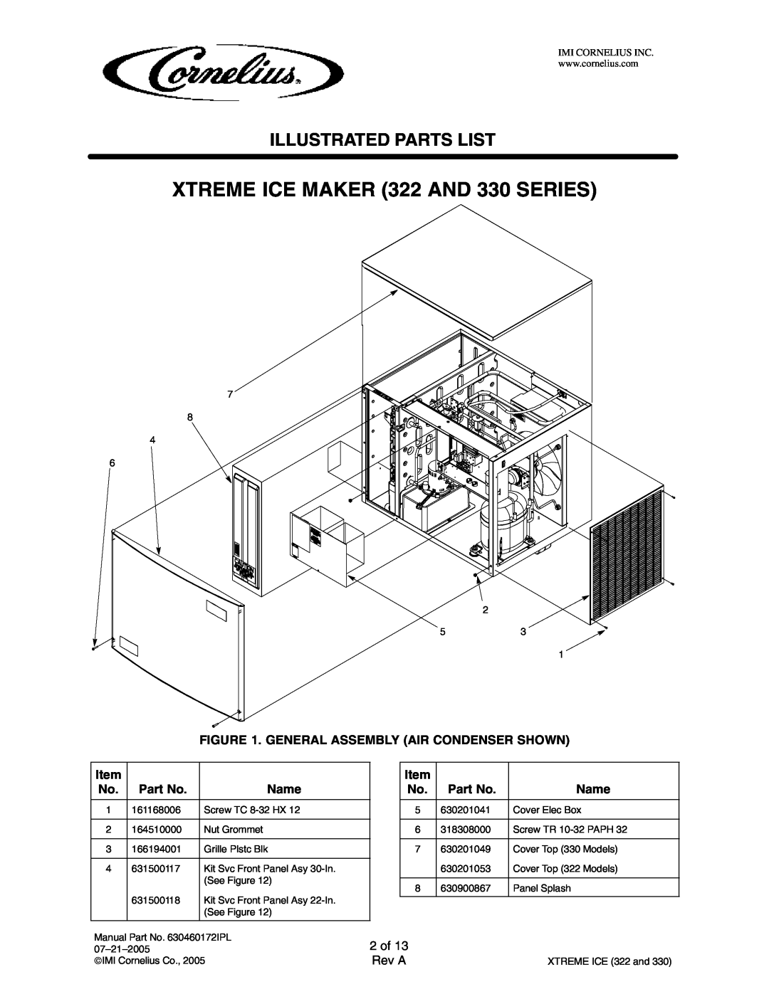 Cornelius 631803020, 631803001, 631803003 XTREME ICE MAKER 322 AND 330 SERIES, 2 of, Illustrated Parts List, Name, Rev A 