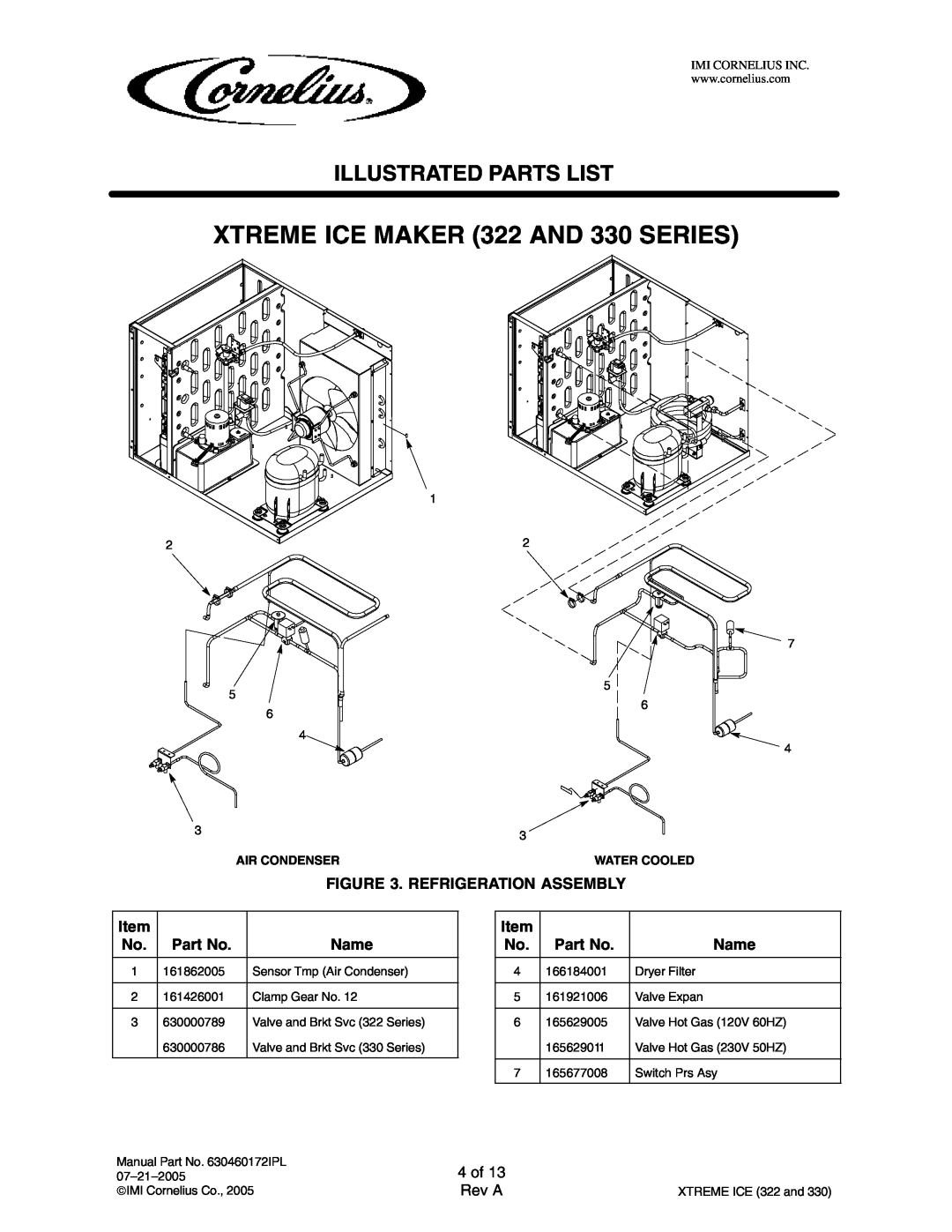 Cornelius 631803002 4 of, XTREME ICE MAKER 322 AND 330 SERIES, Illustrated Parts List, Rev A, Air Condenser, Water Cooled 