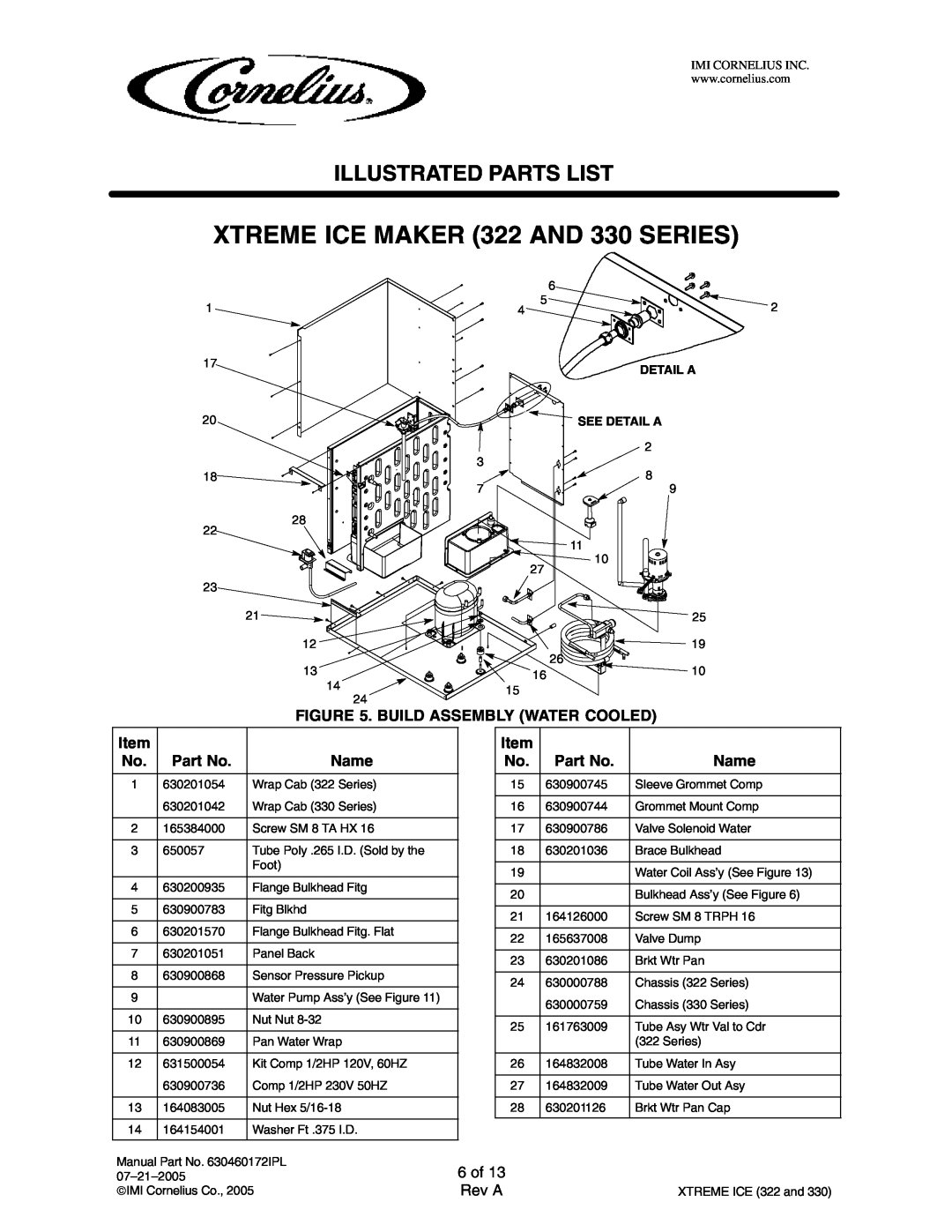 Cornelius 330 Series, 631803001 6 of, XTREME ICE MAKER 322 AND 330 SERIES, Illustrated Parts List, Rev A, See Detail A 