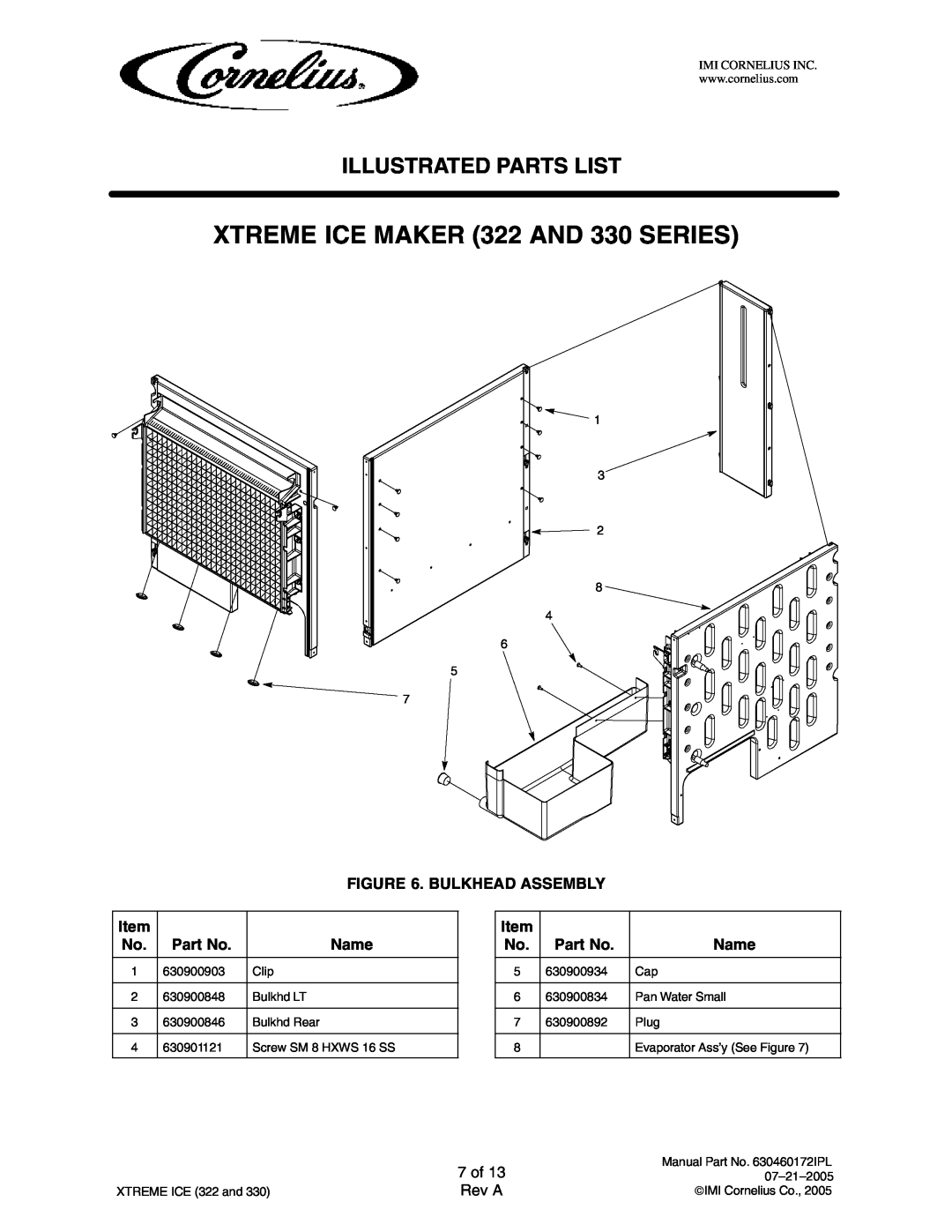 Cornelius 322 Series 7 of, XTREME ICE MAKER 322 AND 330 SERIES, Illustrated Parts List, Bulkhead Assembly, Name, Rev A 