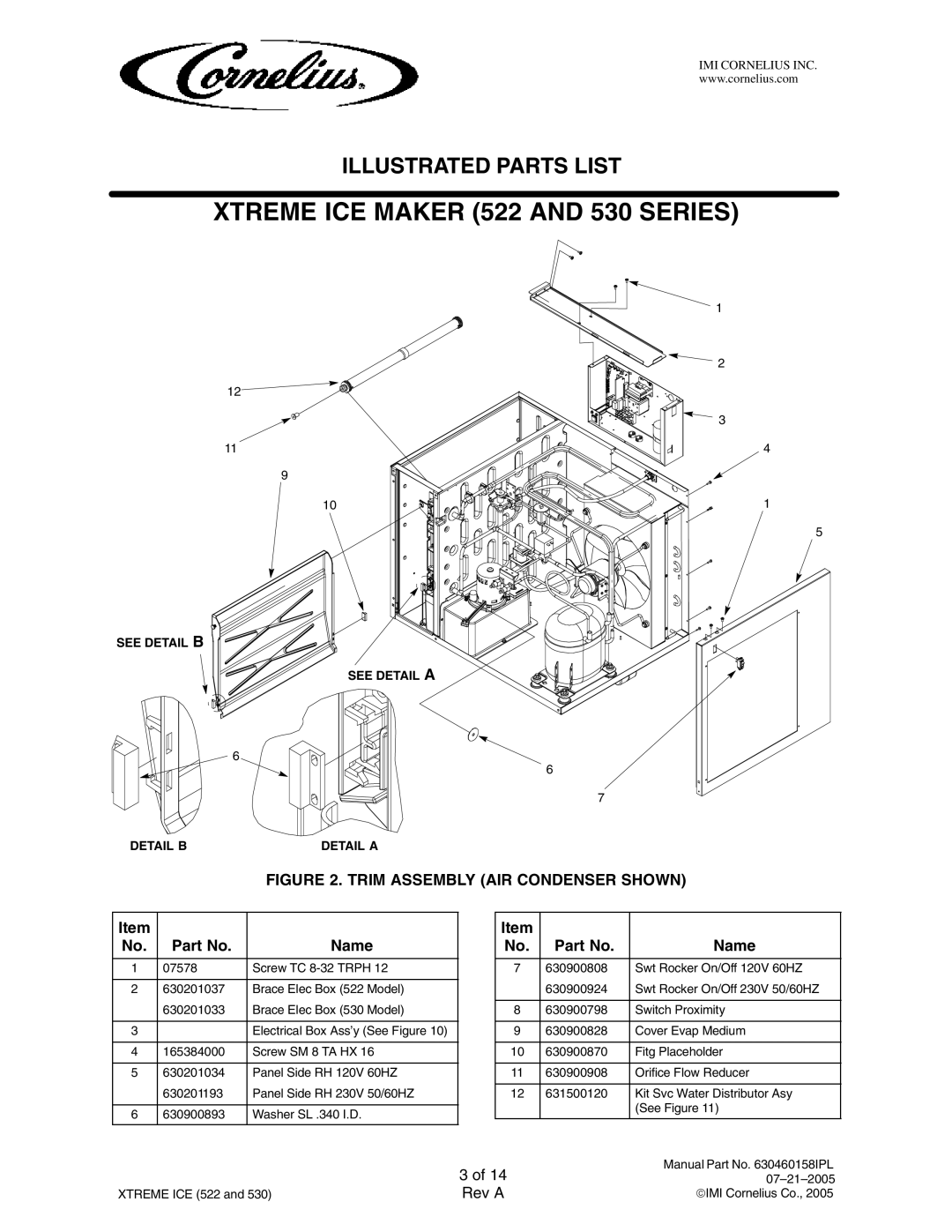 Cornelius 631805004, 631805032, 631805021, 631805005, 631805031, 631805007, 631805020 manual Trim Assembly AIR Condenser Shown 