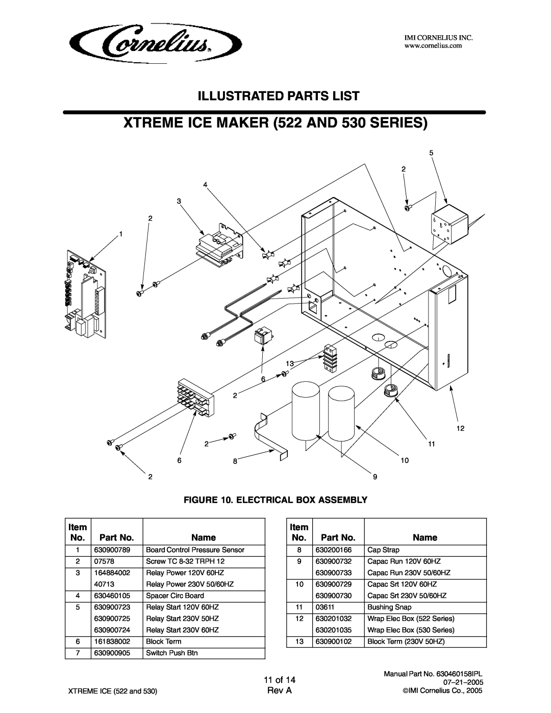 Cornelius 631805002 Electrical Box Assembly, 11 of, XTREME ICE MAKER 522 AND 530 SERIES, Illustrated Parts List, Name 
