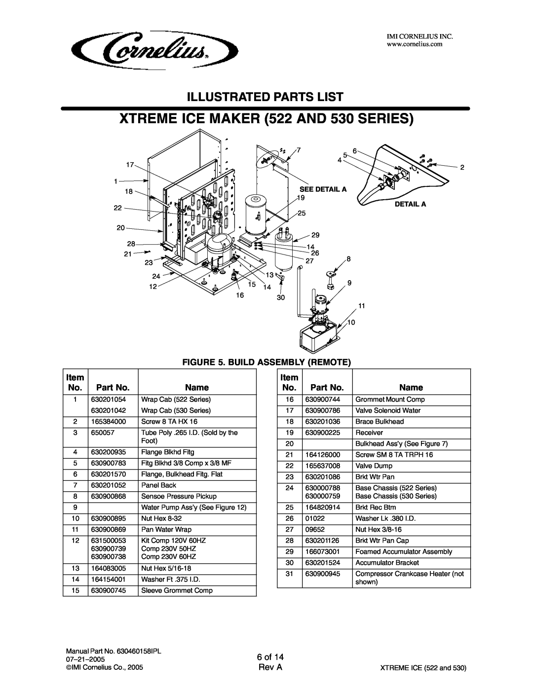 Cornelius 631805020 Build Assembly Remote, 6 of, XTREME ICE MAKER 522 AND 530 SERIES, Illustrated Parts List, Name, Rev A 