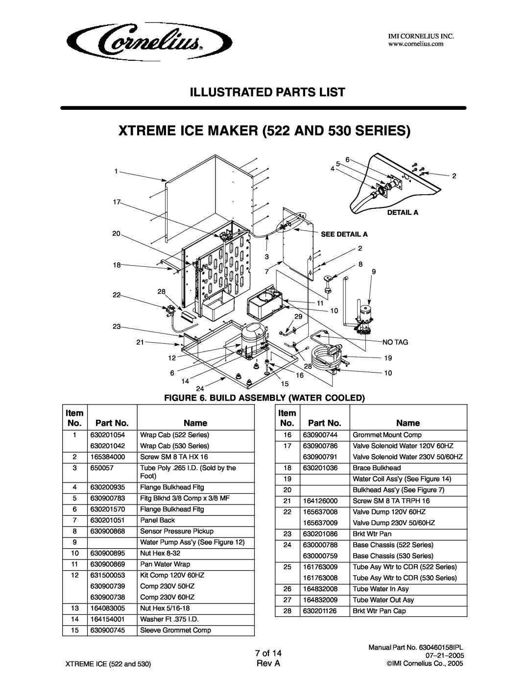 Cornelius 631805006 Build Assembly Water Cooled, 7 of, XTREME ICE MAKER 522 AND 530 SERIES, Illustrated Parts List, Name 