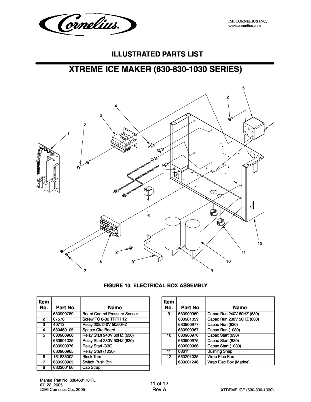 Cornelius 631808001 11 of, XTREME ICE MAKER 630-830-1030SERIES, Illustrated Parts List, Electrical Box Assembly, Item 