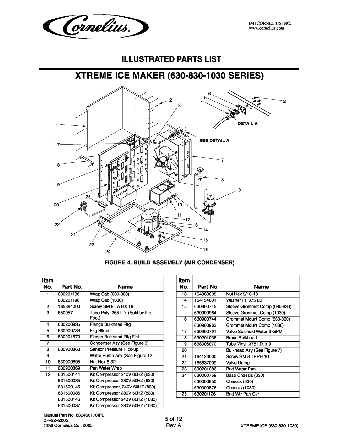Cornelius 631808004 manual 5 of, XTREME ICE MAKER 630-830-1030SERIES, Illustrated Parts List, Rev A, Detail A See Detail A 