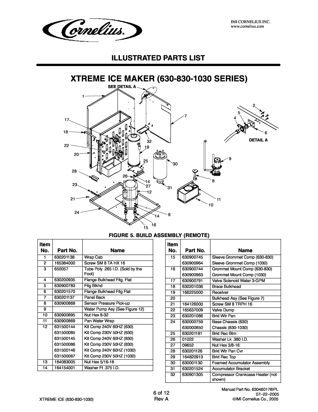 Cornelius 631806002, 631810003 manual 6 of, XTREME ICE MAKER 630-830-1030SERIES, Illustrated Parts List, Rev A, See Detail A 
