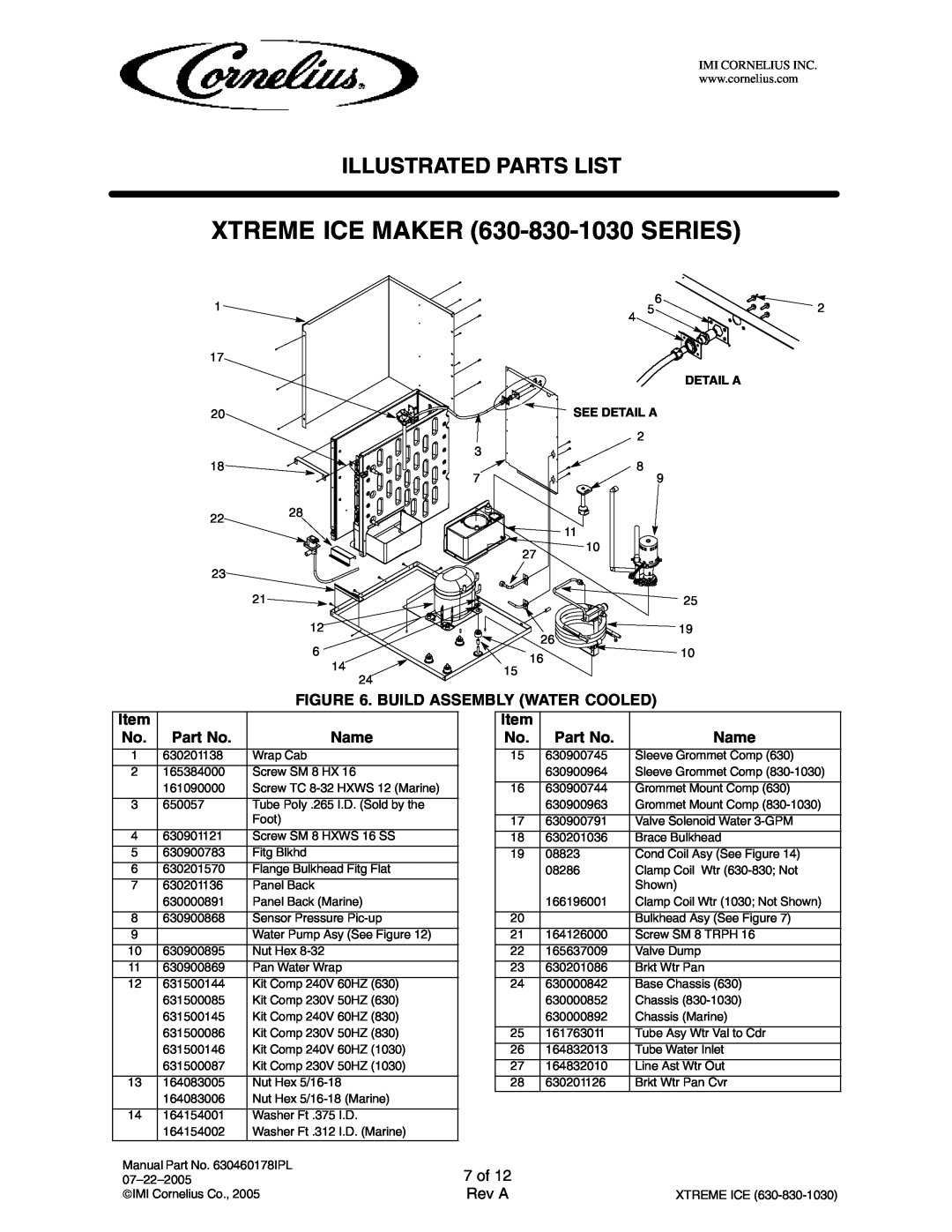 Cornelius 631808003 manual 7 of, XTREME ICE MAKER 630-830-1030SERIES, Illustrated Parts List, Rev A, Detail A See Detail A 