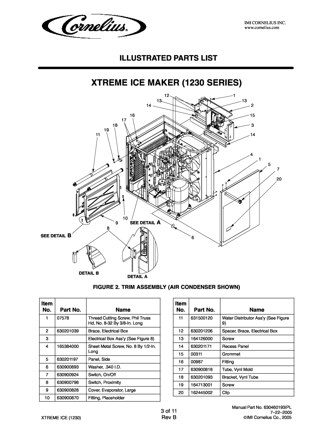 Cornelius 631812003 manual 3 of, XTREME ICE MAKER 1230 SERIES, Illustrated Parts List, Rev B, See Detail A, See Detail B 