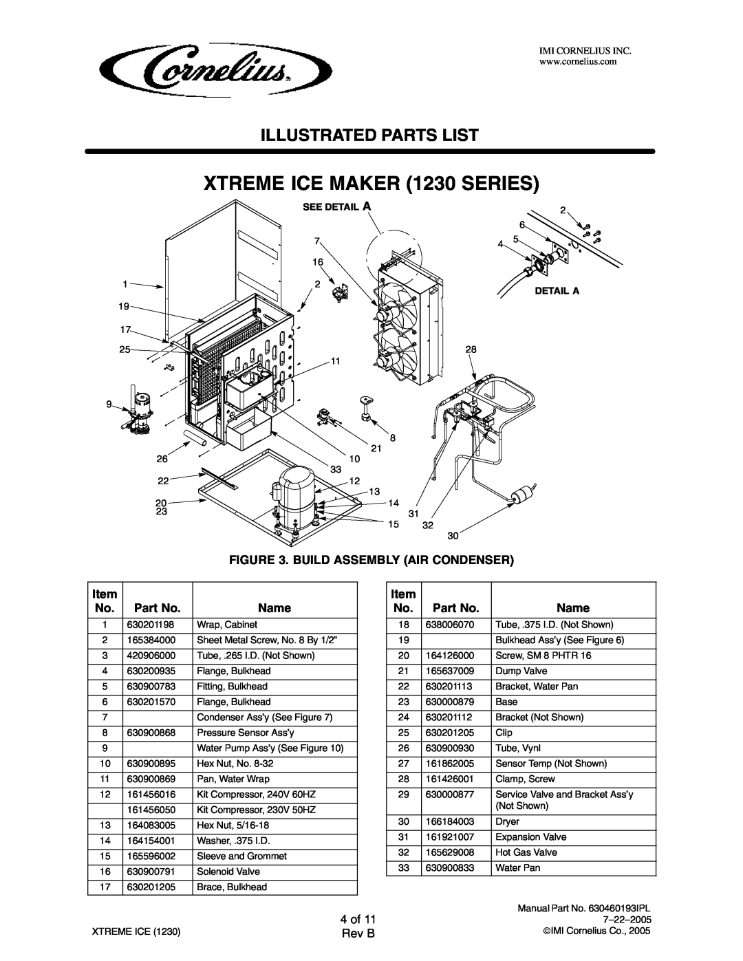 Cornelius 631812004, 631812040, 631812020 4 of, XTREME ICE MAKER 1230 SERIES, Illustrated Parts List, Rev B, See Detail A 
