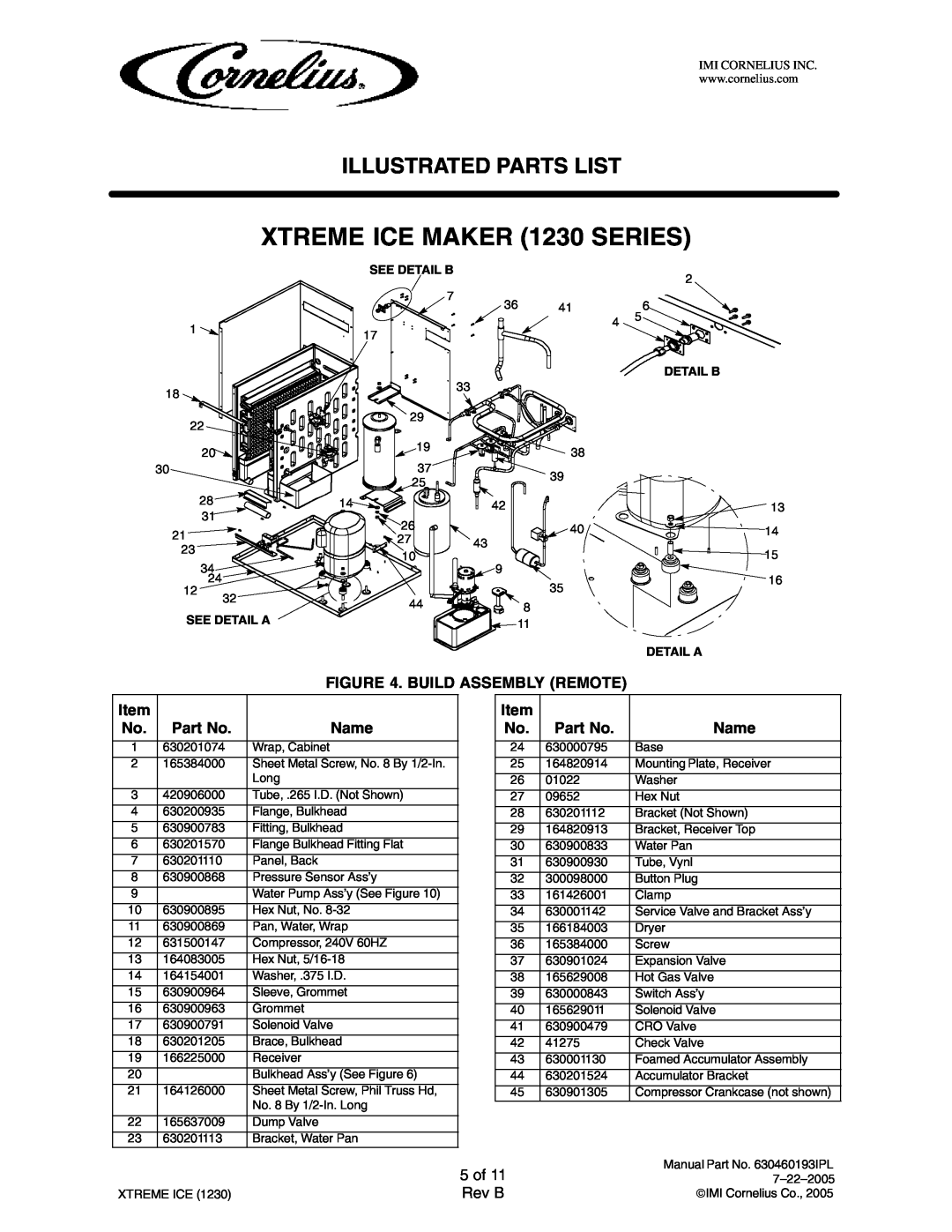 Cornelius 631812002, 631812040, 631812020 5 of, XTREME ICE MAKER 1230 SERIES, Illustrated Parts List, Rev B, See Detail B 