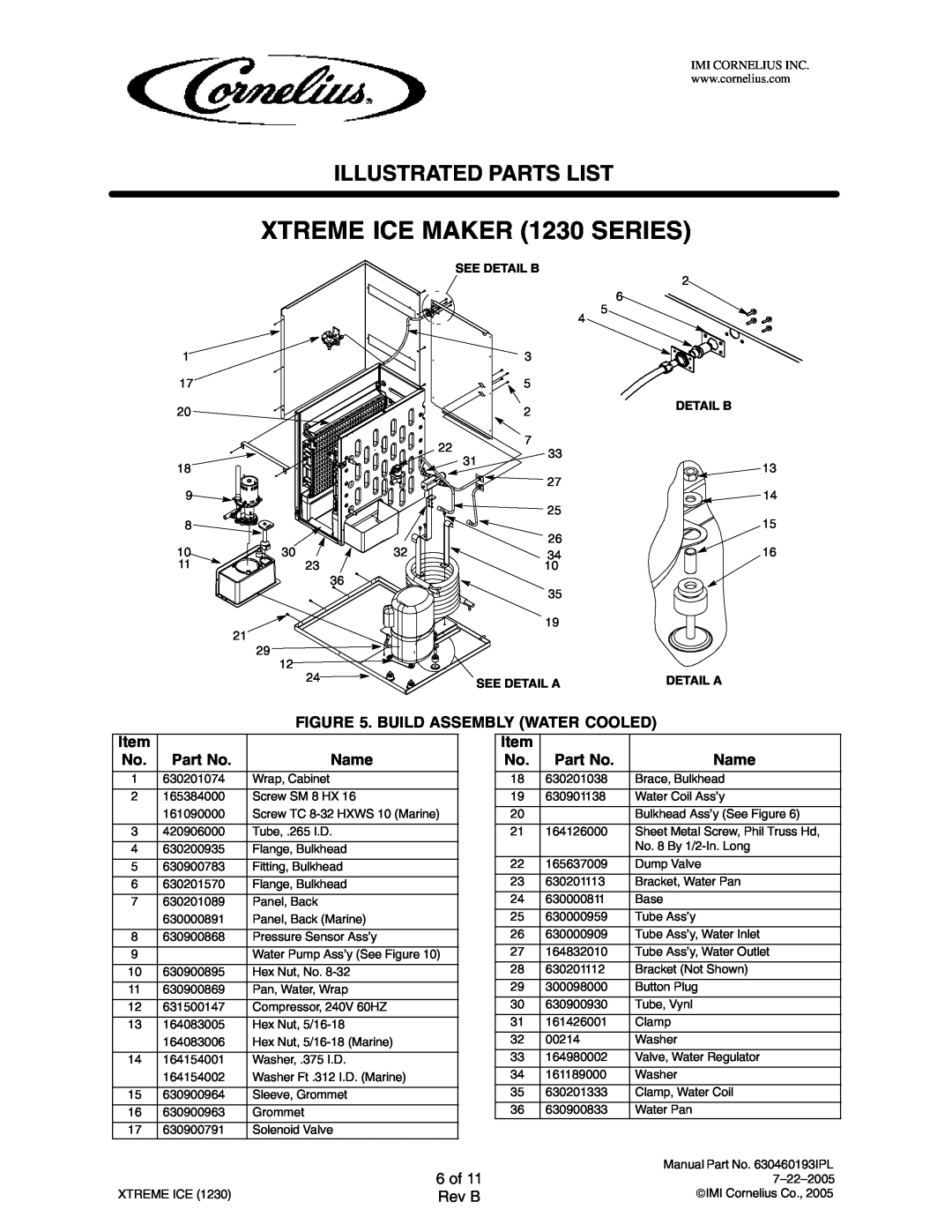 Cornelius 631812001 manual 6 of, XTREME ICE MAKER 1230 SERIES, Illustrated Parts List, Rev B, See Detail B, See Detail A 