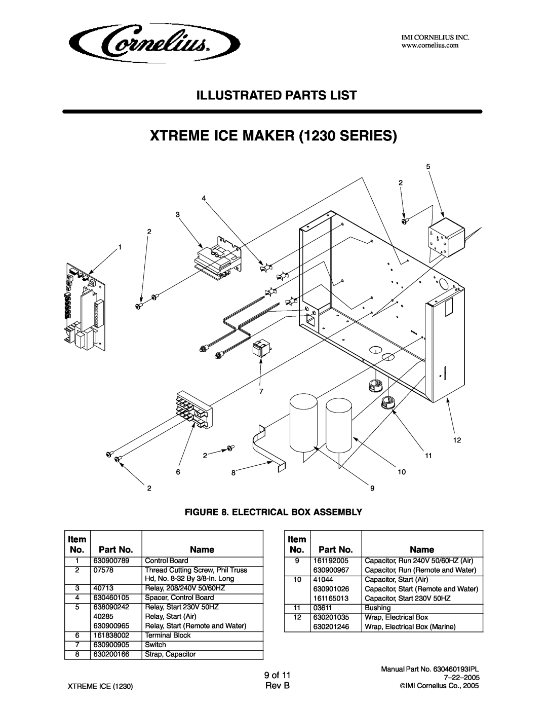 Cornelius 631812041 manual 9 of, XTREME ICE MAKER 1230 SERIES, Illustrated Parts List, Electrical Box Assembly, Name, Rev B 