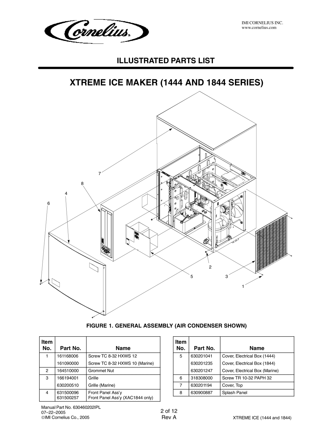 Cornelius 631818050, 631818052, 631814003, 631814001, 631814002, 631818002 manual Xtreme ICE Maker 1444 and 1844 Series, Name 