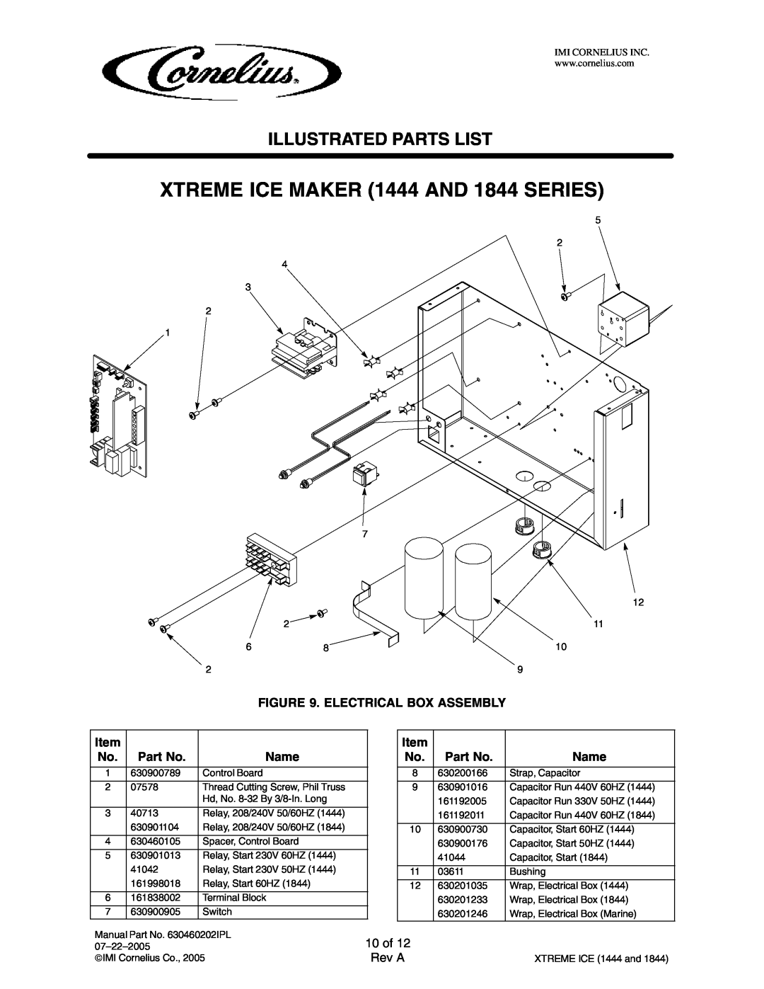 Cornelius 631818051 Electrical Box Assembly, 10 of, XTREME ICE MAKER 1444 AND 1844 SERIES, Illustrated Parts List, Name 