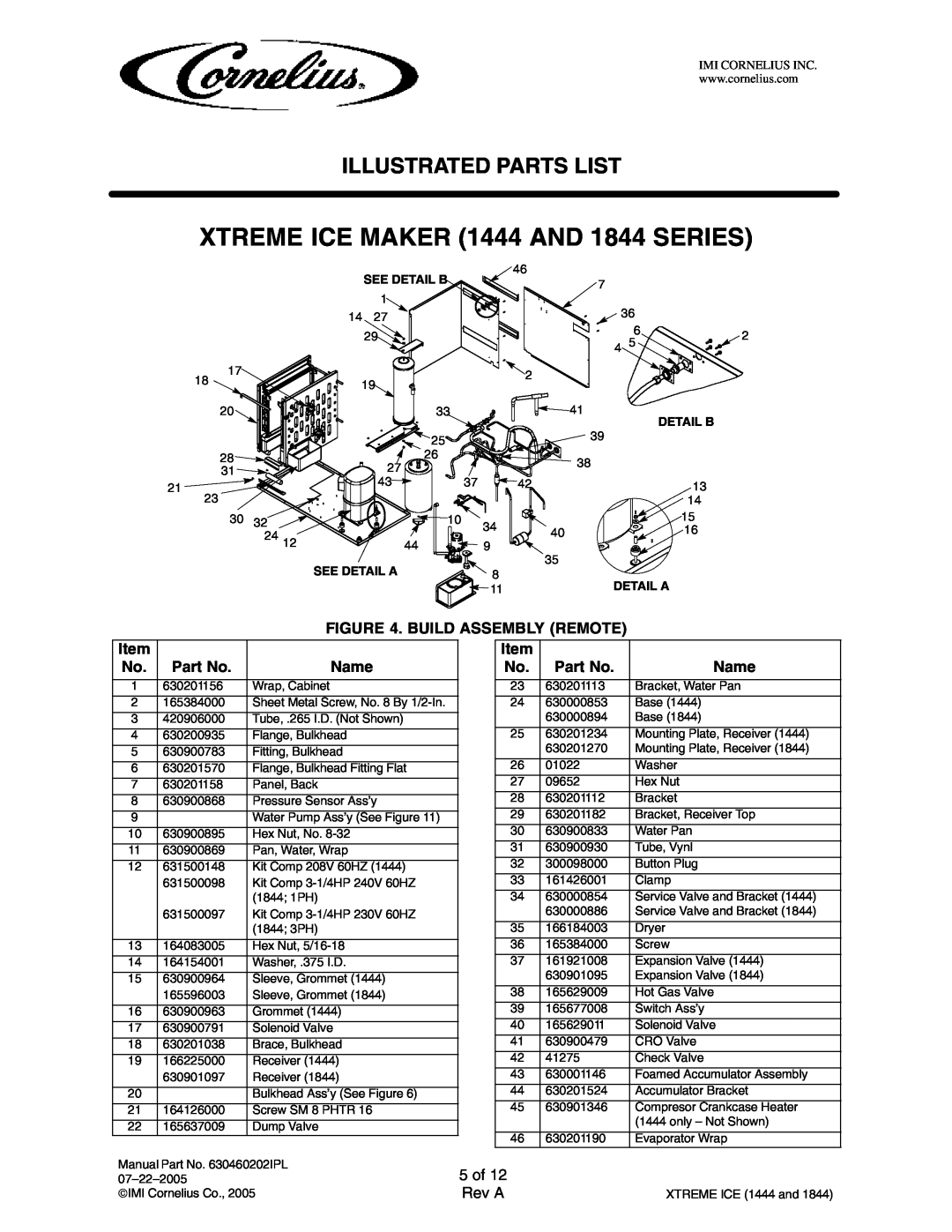 Cornelius 631818002, 631818052, 631814003, 631818050 manual 5 of, Detail B, Illustrated Parts List, Name, Rev A, See Detail A 