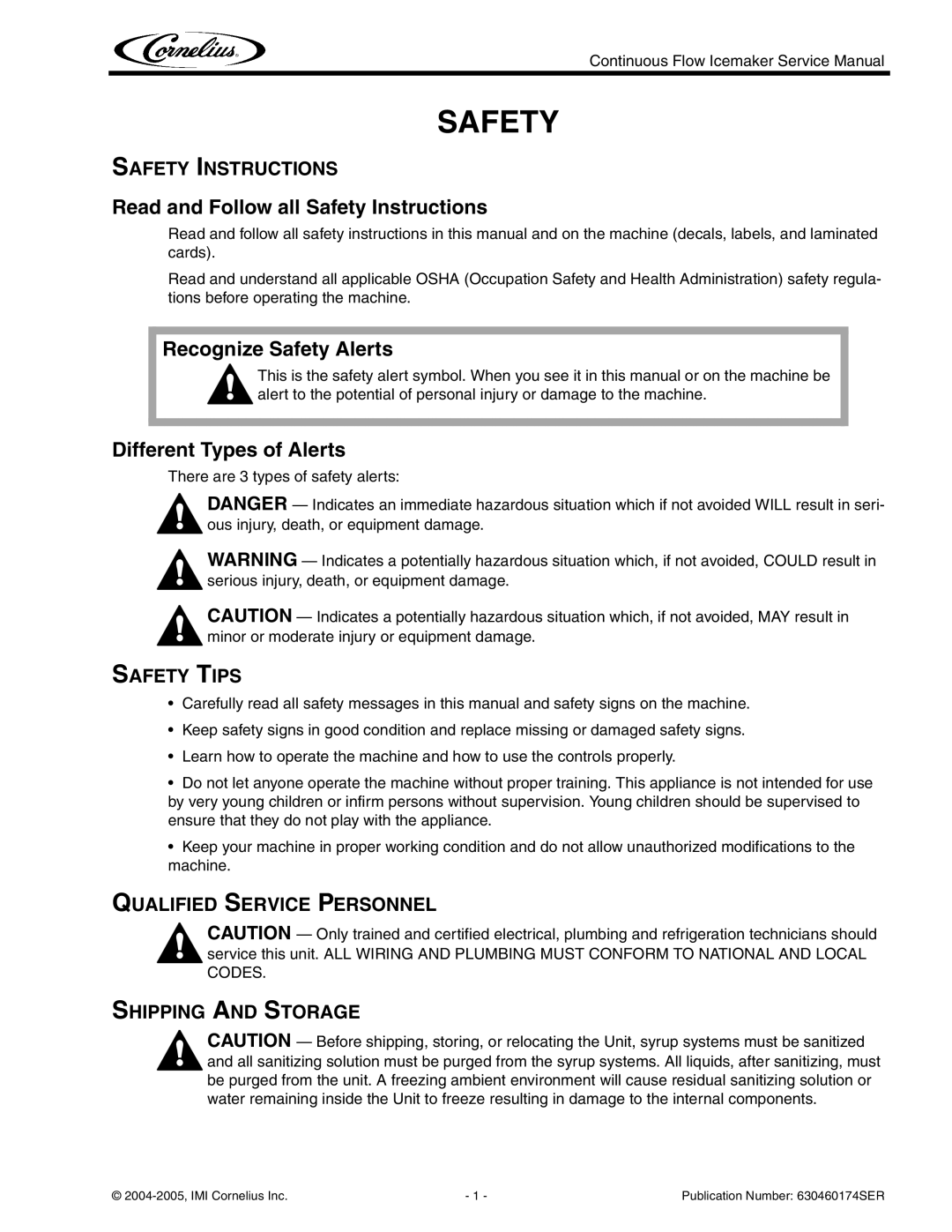 Cornelius 2000 - Series Safety Instructions, Safety Tips, Qualified Service Personnel Shipping and Storage 