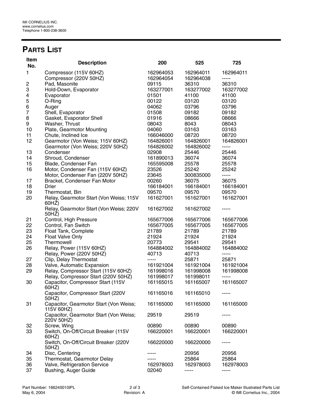 Cornelius manual Parts List, Description 200 525 725 