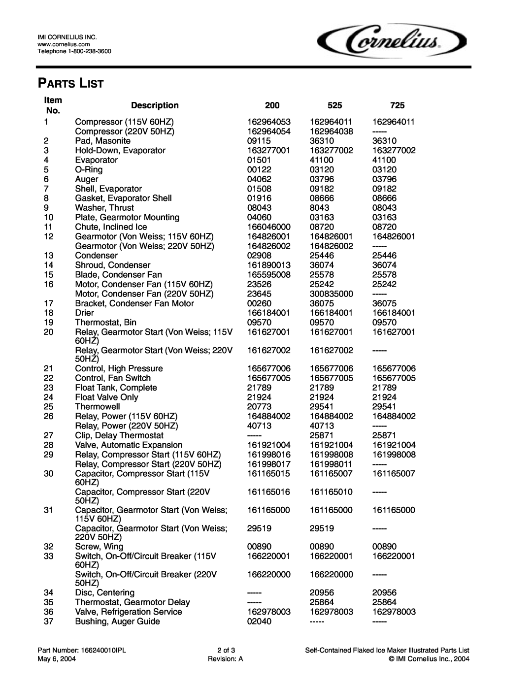 Cornelius 525, 725, 200 manual Parts List, Item, Description 
