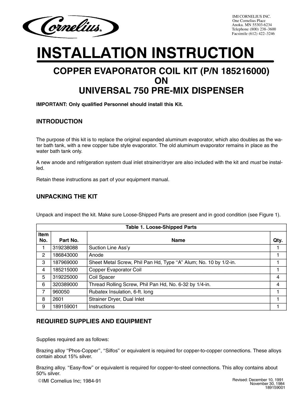 Cornelius 750 Pre-Mix manual Introduction, Unpacking the KIT, Required Supplies and Equipment 