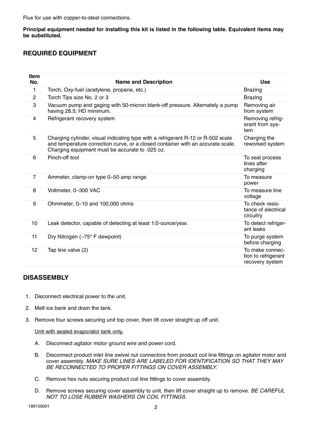 Cornelius 750 Pre-Mix manual Required Equipment, Disassembly, Name and Description Use 